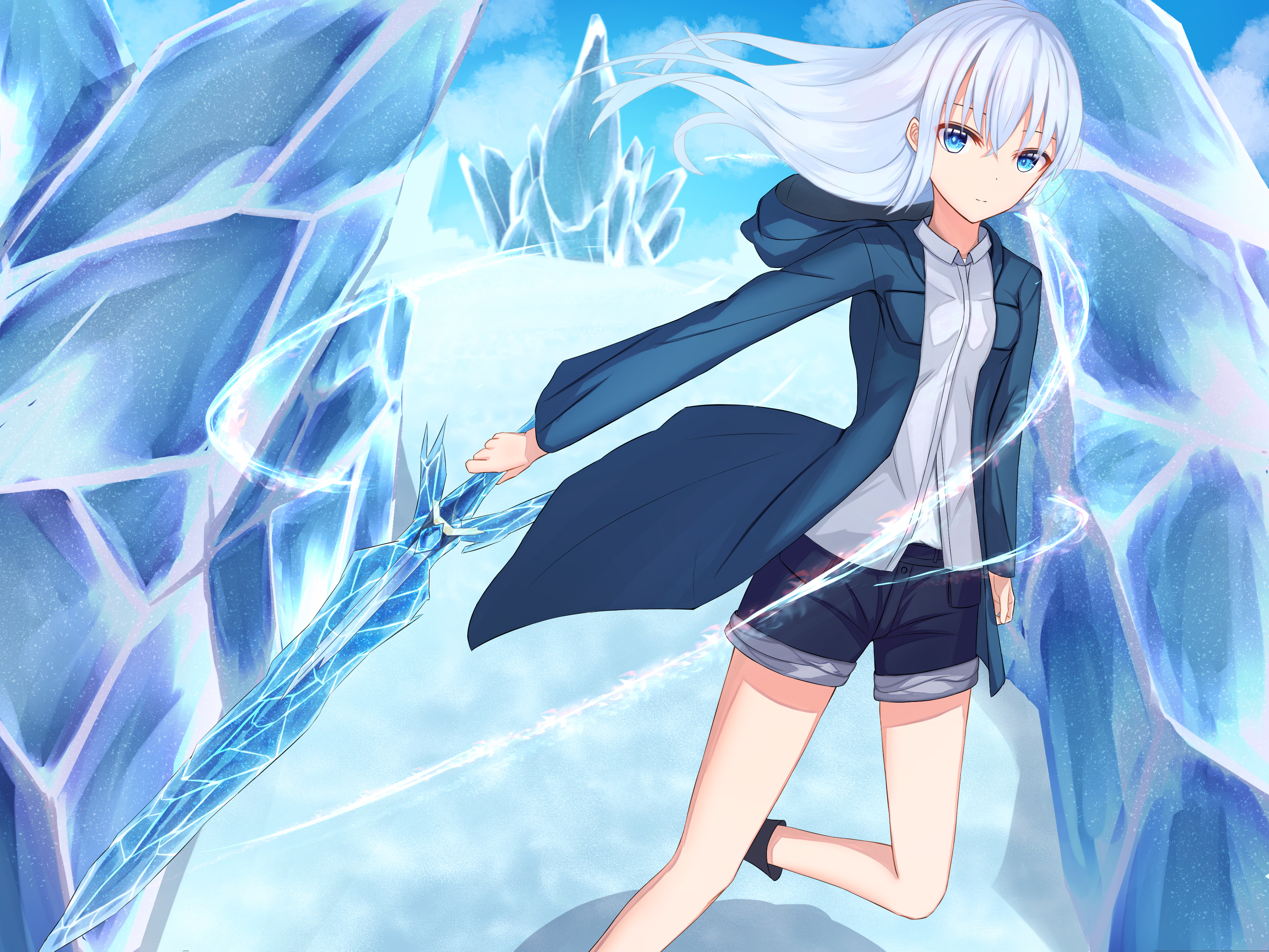 Girl Ice Magic Anime Art Blue