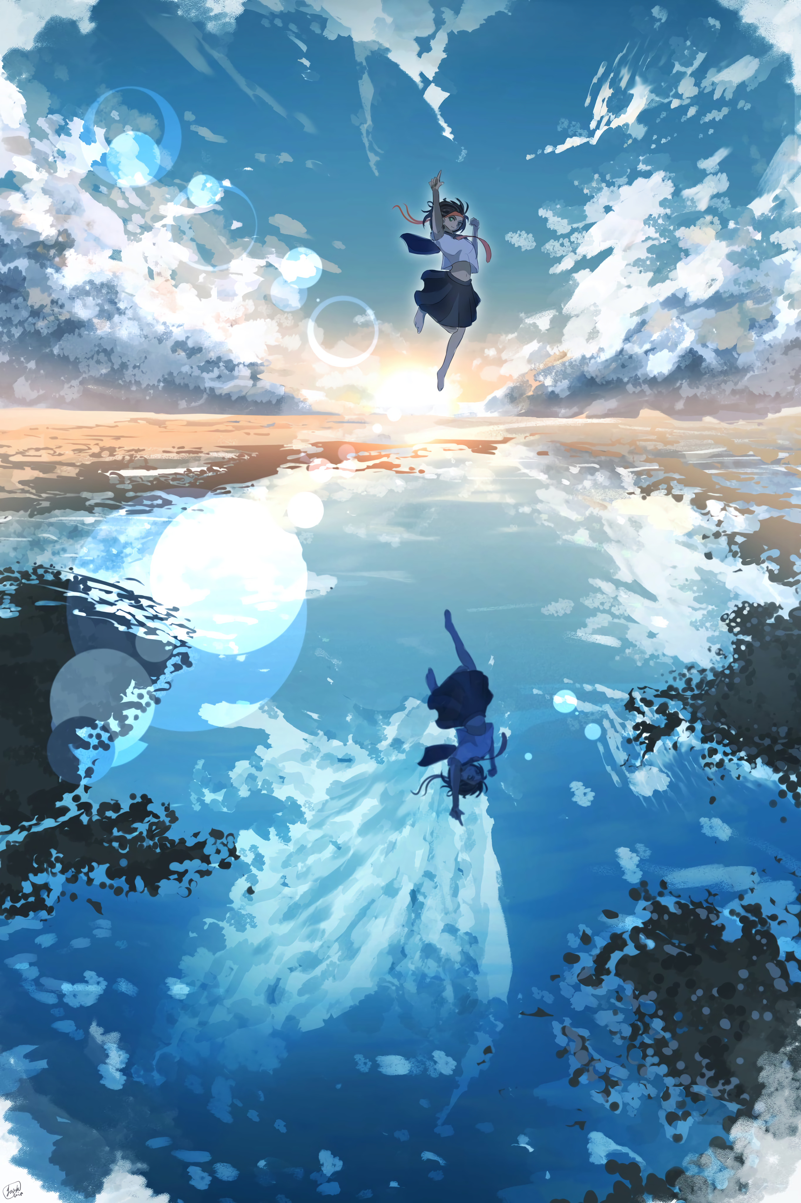 Girl Jump Water Reflection Clouds Anime Art