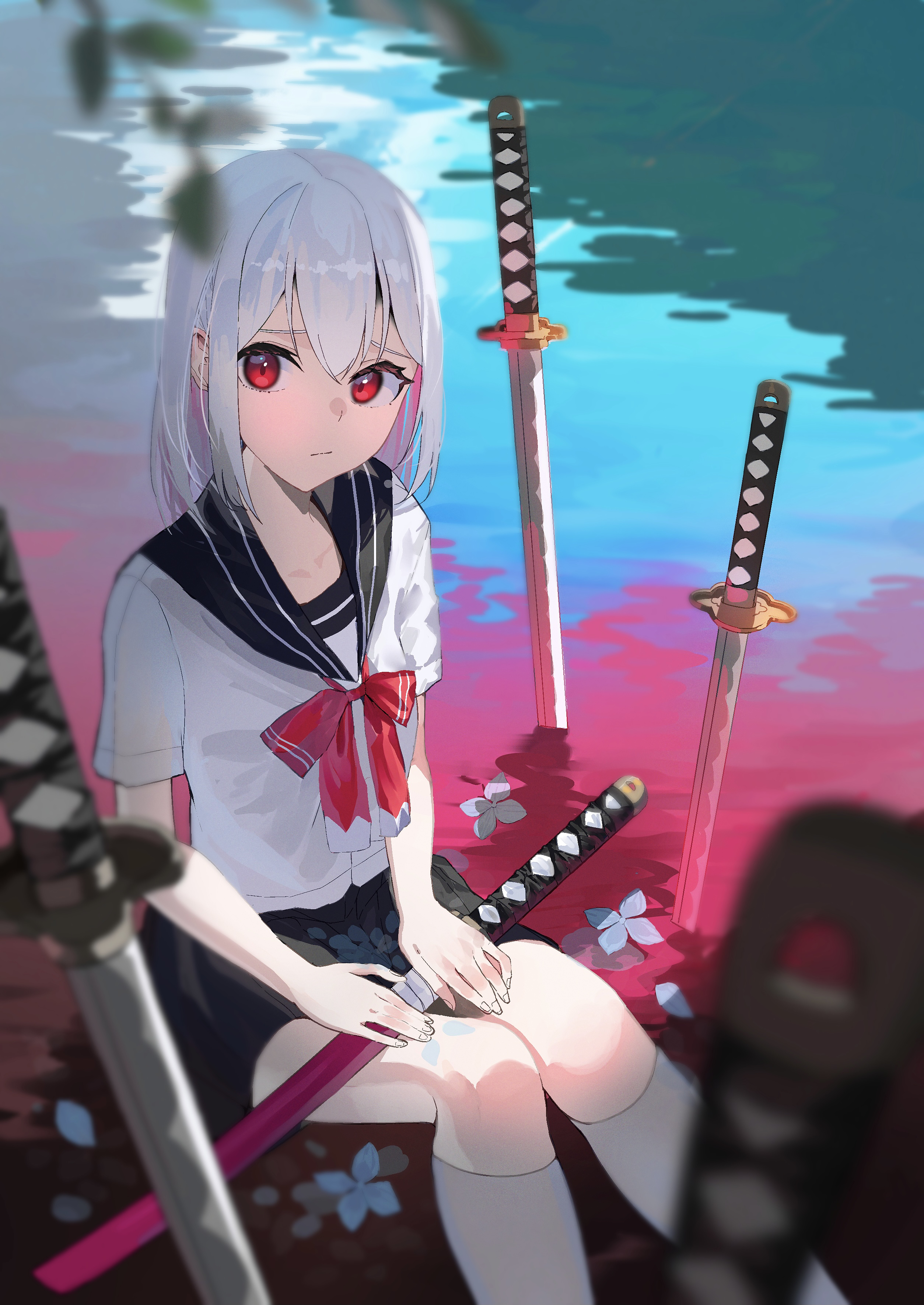 Girl Katanas Swords Lake Anime Art Cartoon