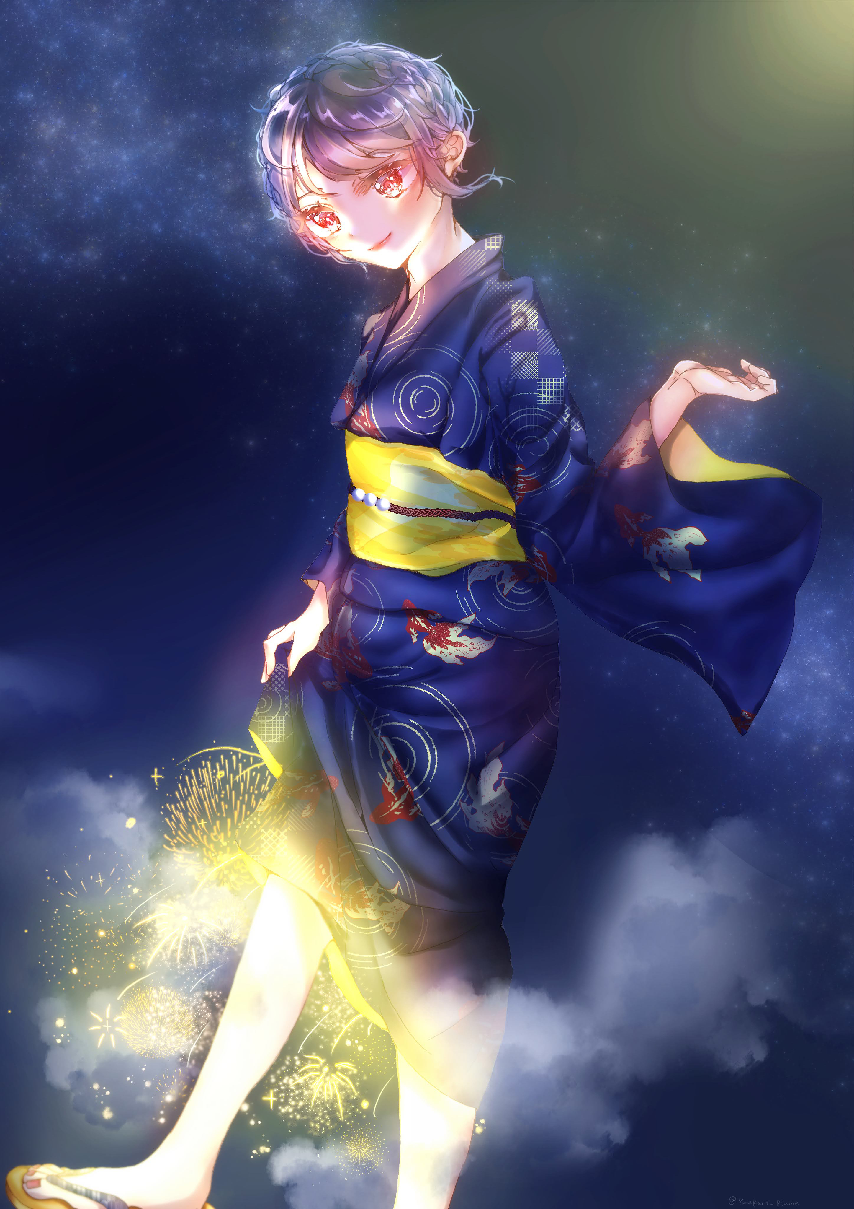 Girl Kimono Fireworks Sparks Anime