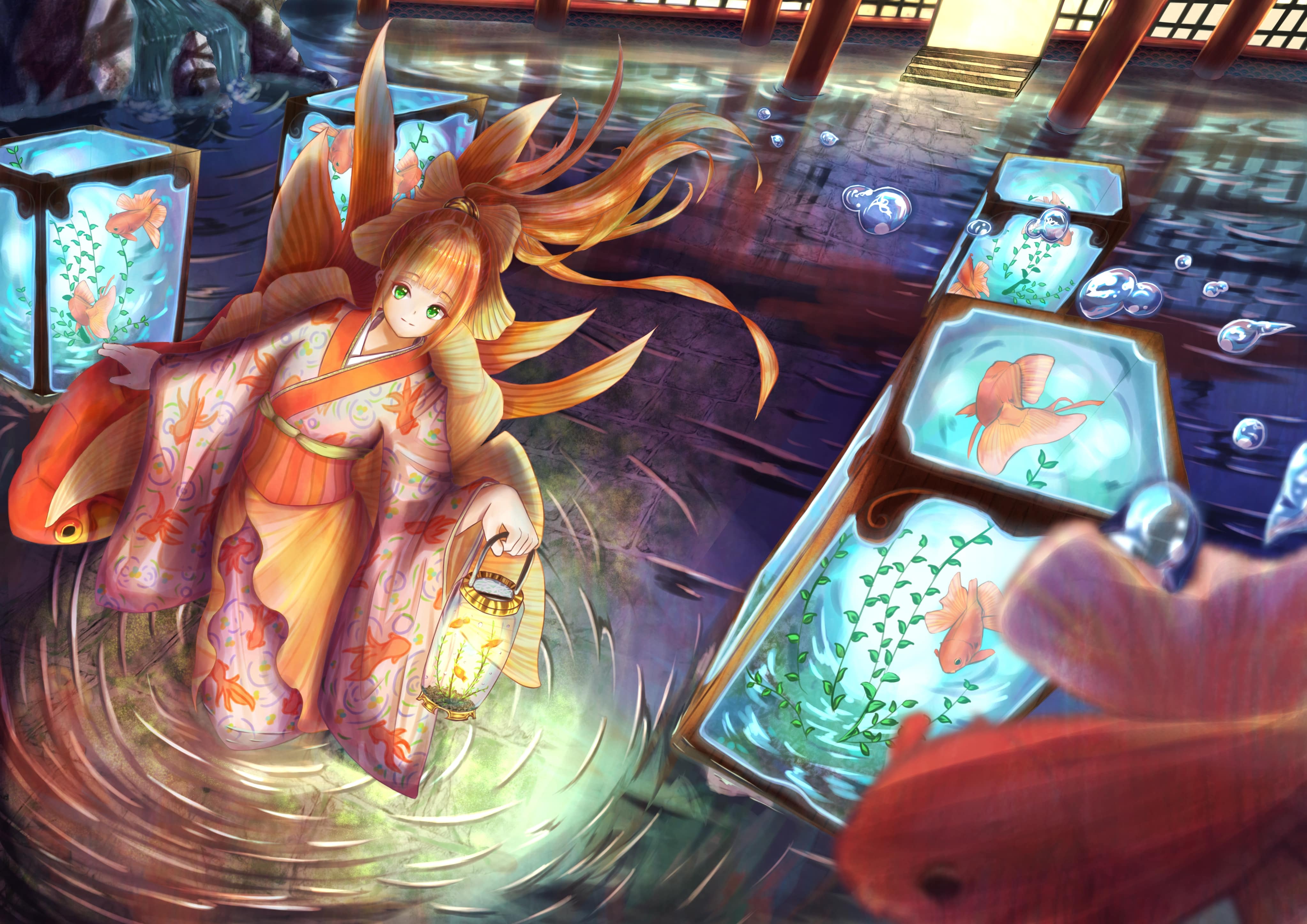 Girl Kimono Lantern Underwater-world Anime Art