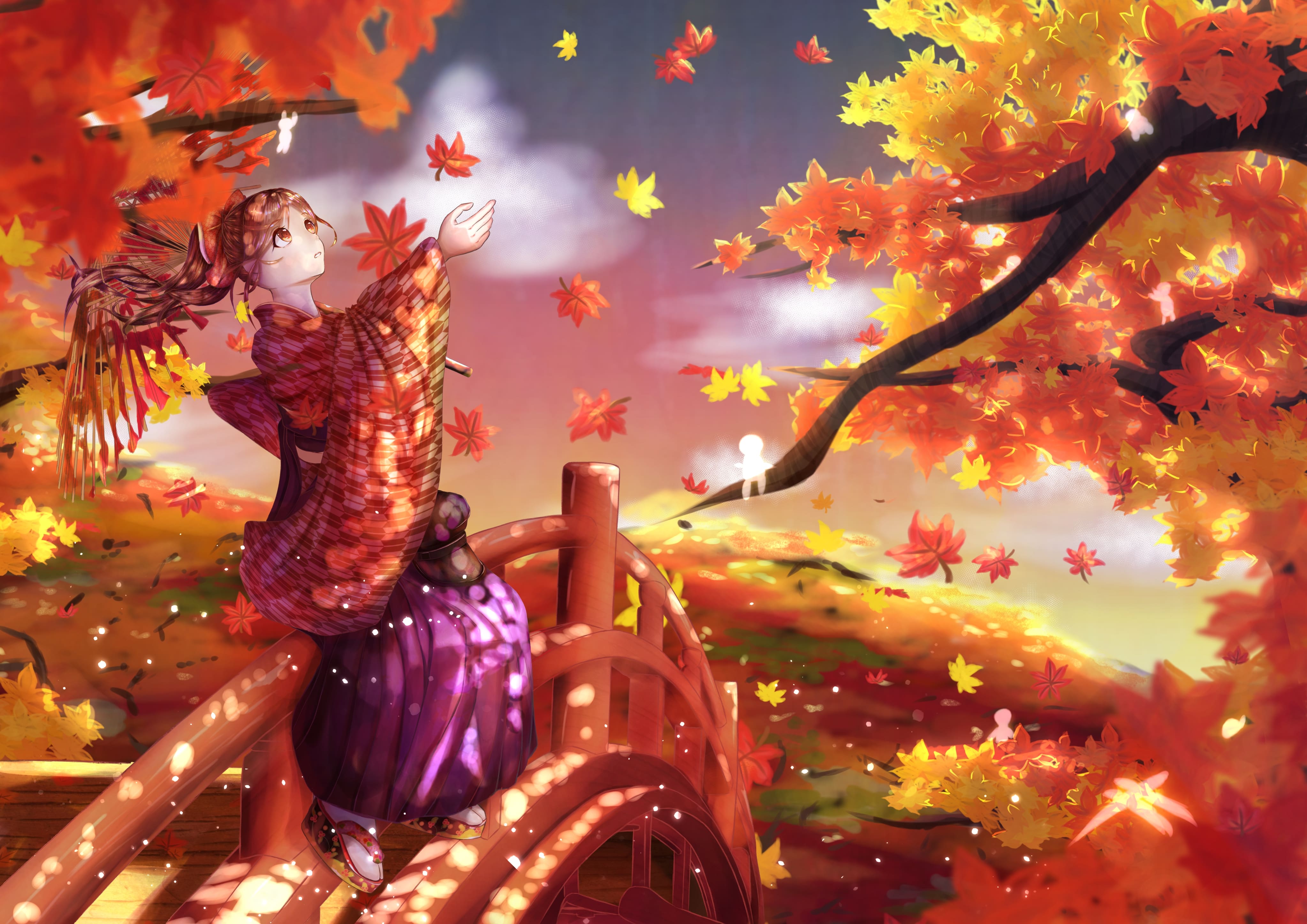 Girl Kimono Maple-leaves Autumn Anime