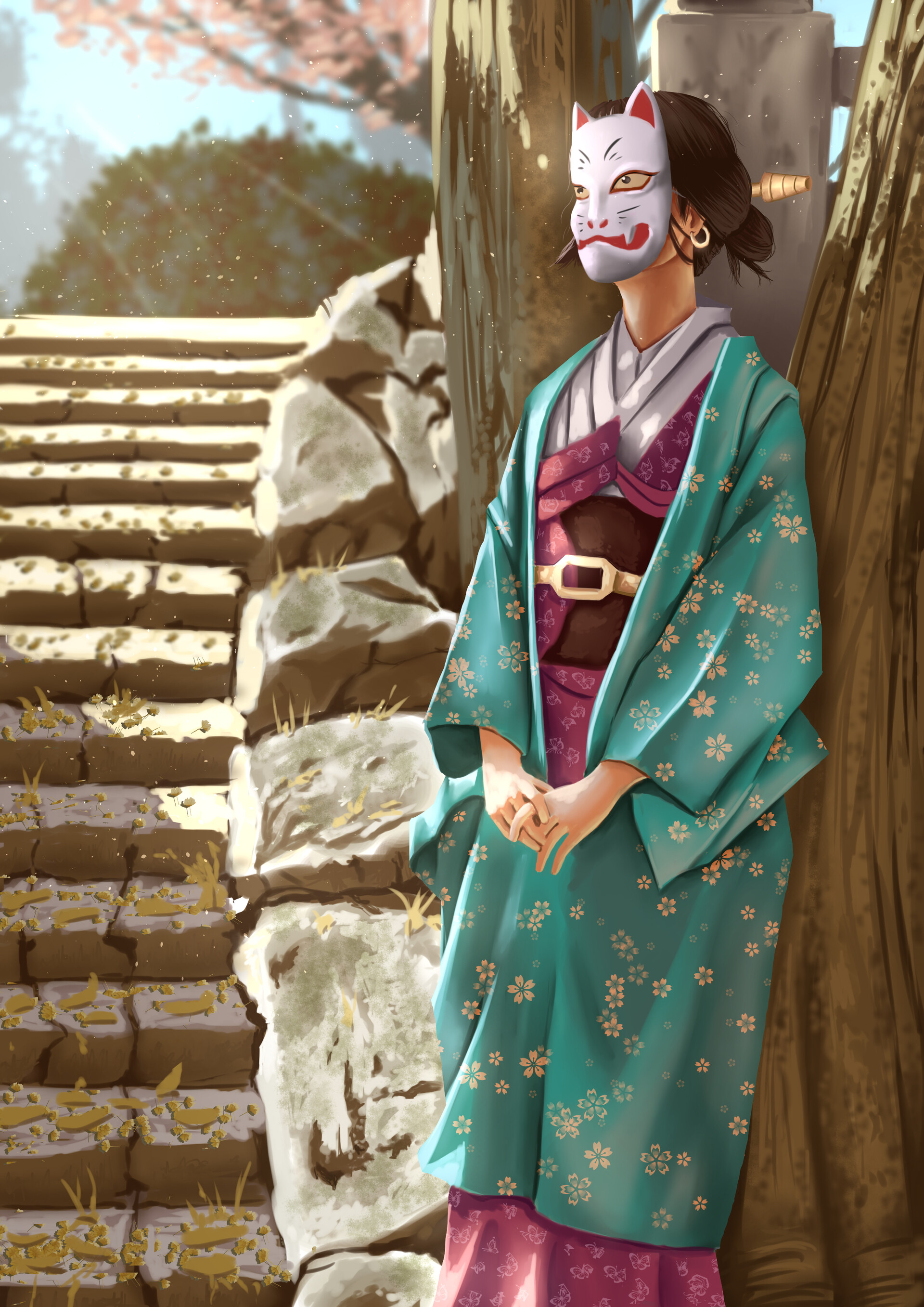 Girl Kimono Mask Art Japan