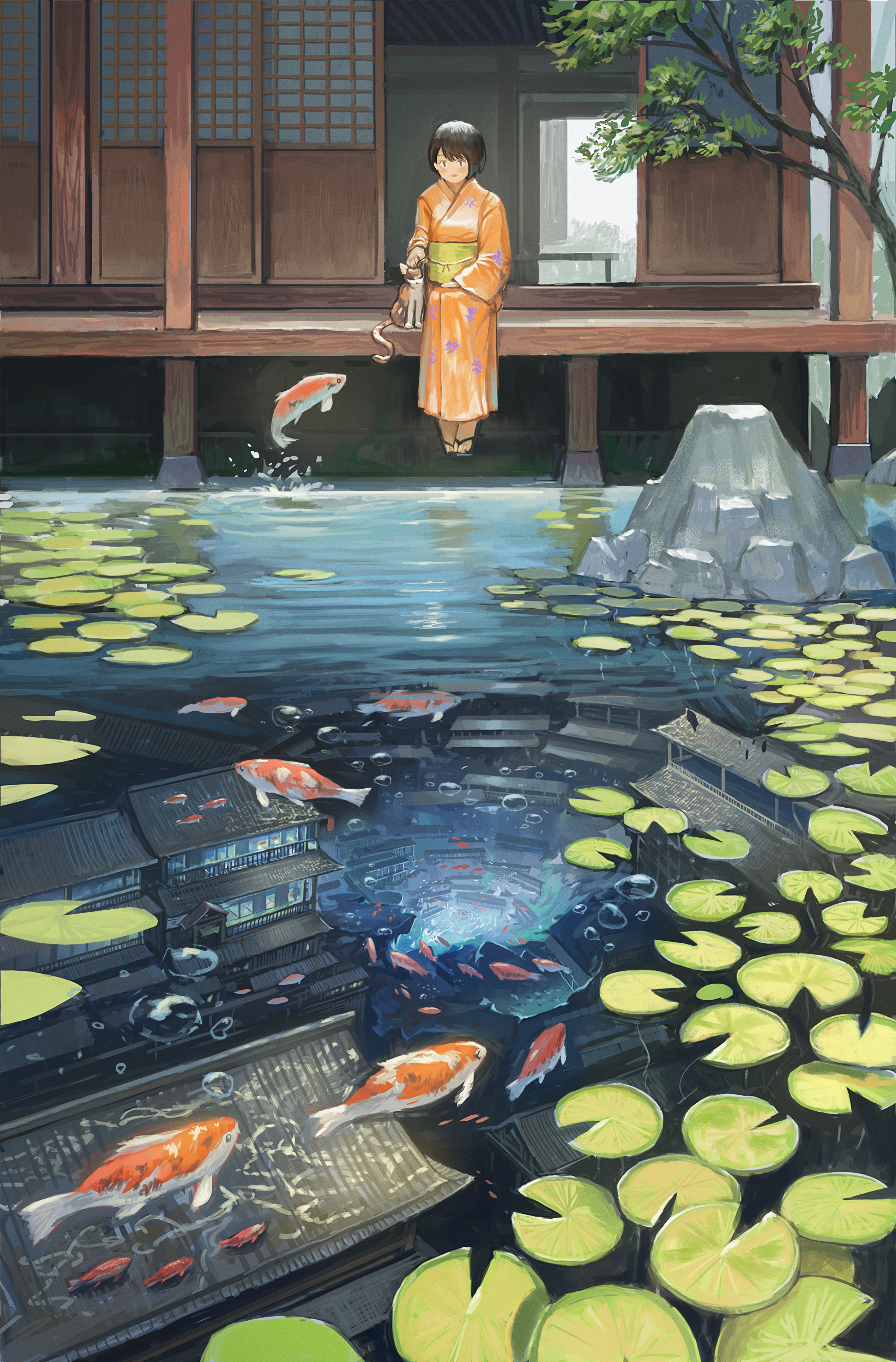 Girl Kimono Pond Fish Underwater-world