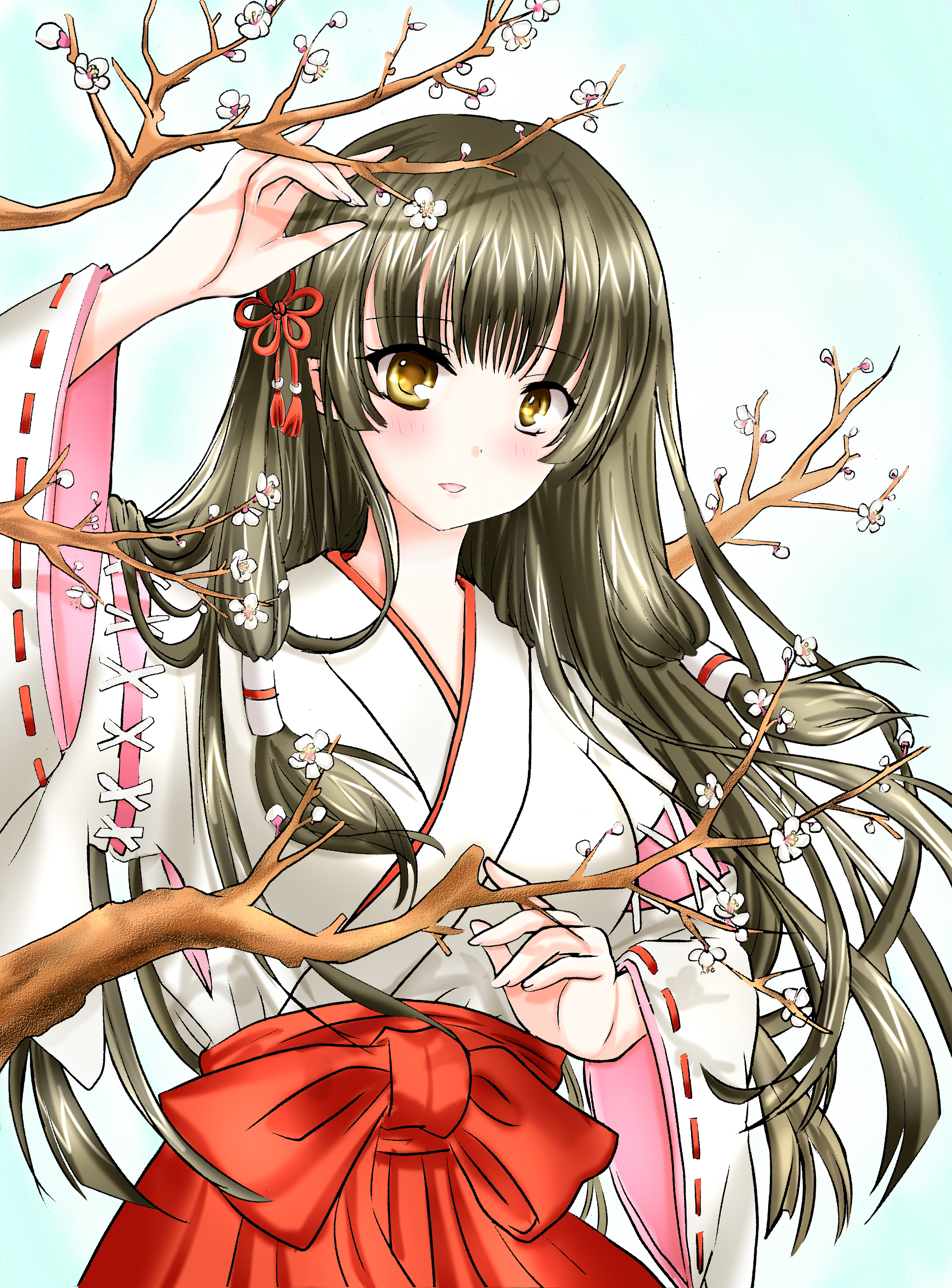 Girl Kimono Sakura Branches Anime Art