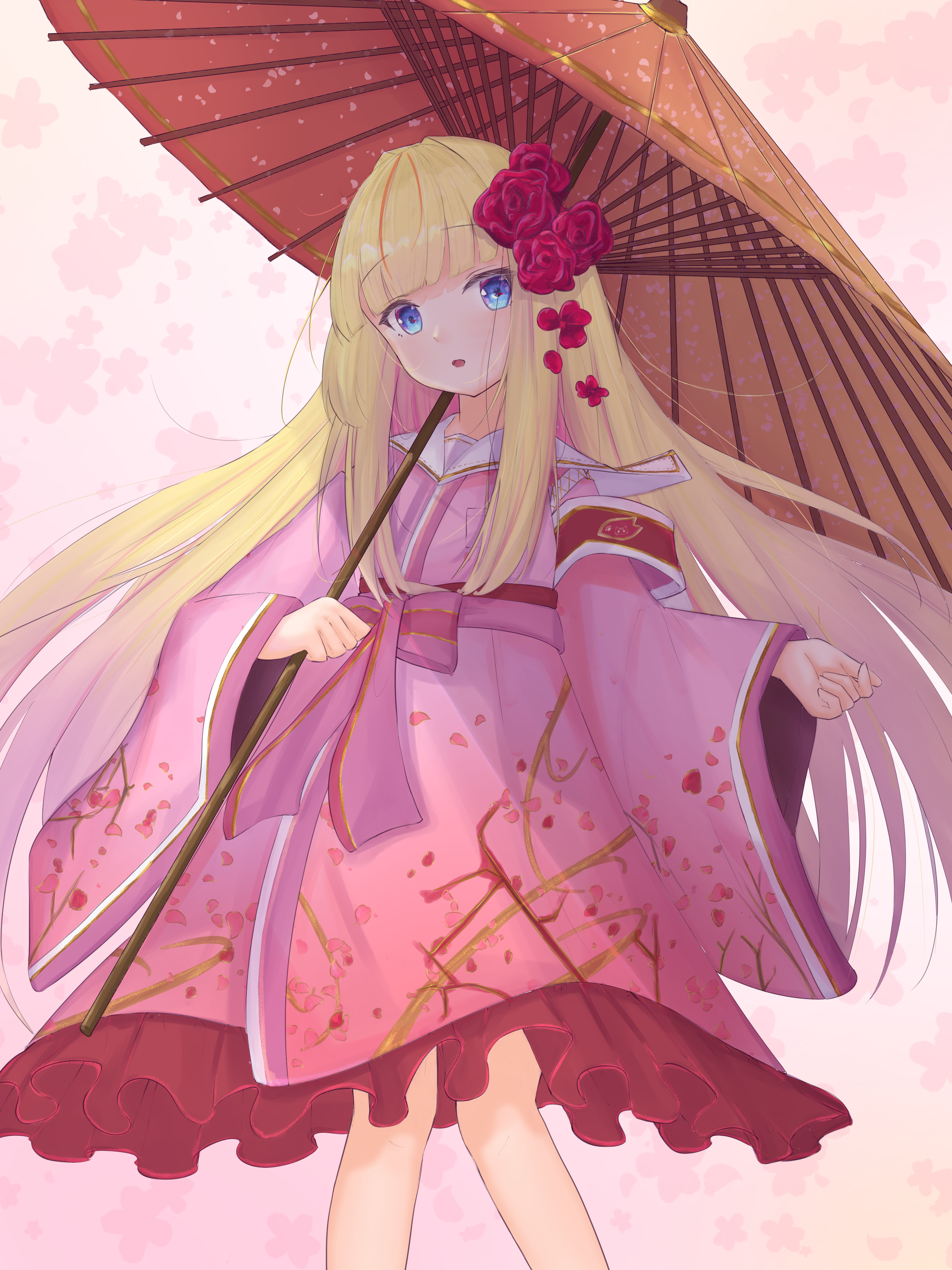Girl Kimono Umbrella Anime Art Pink