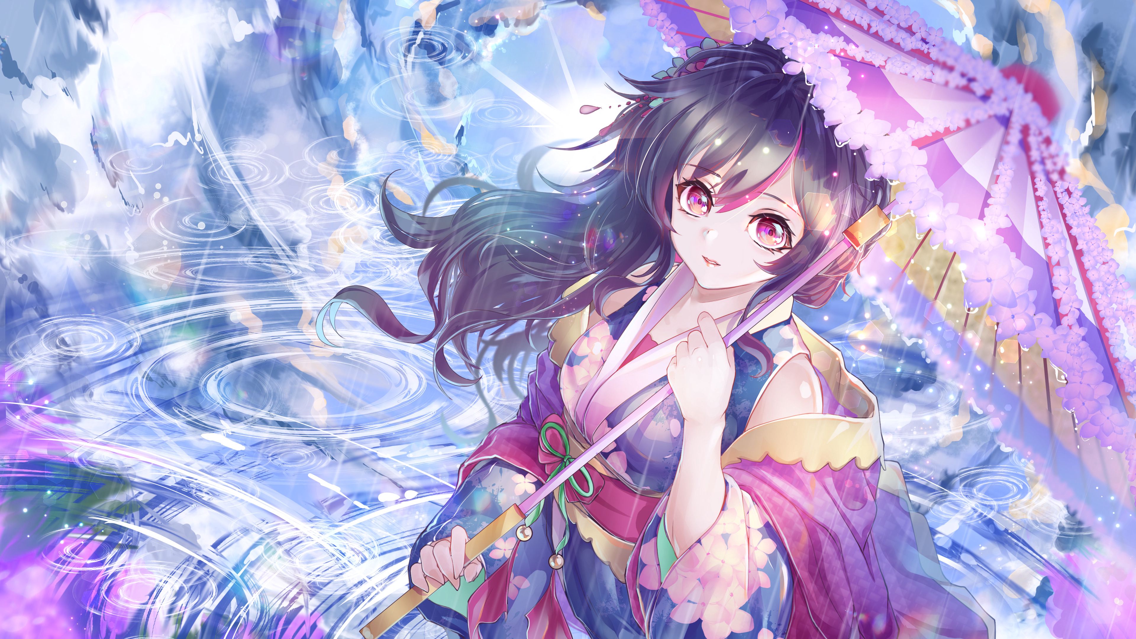 Girl Kimono Umbrella Rain Anime