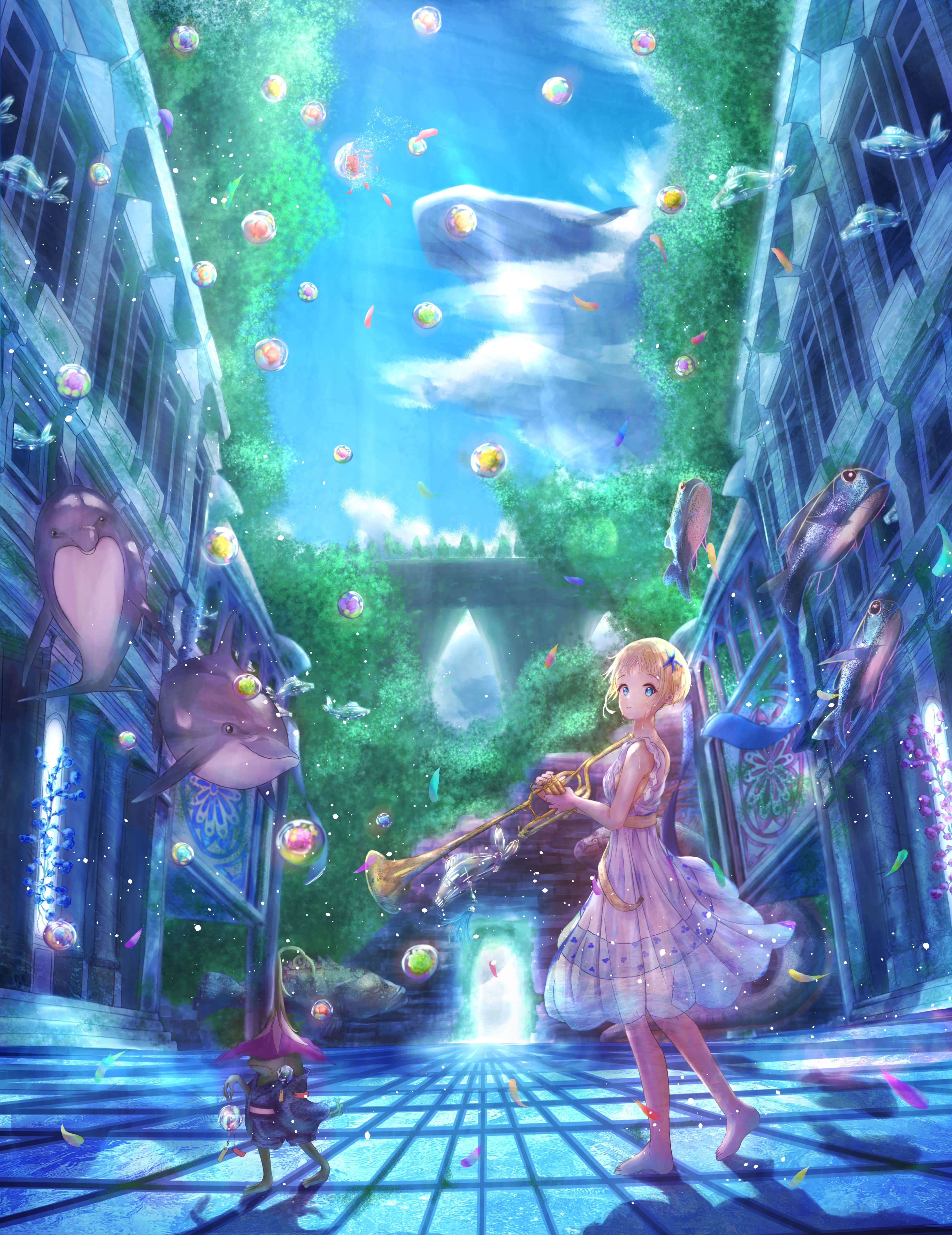 Girl Musical-instrument Underwater-world Anime Art