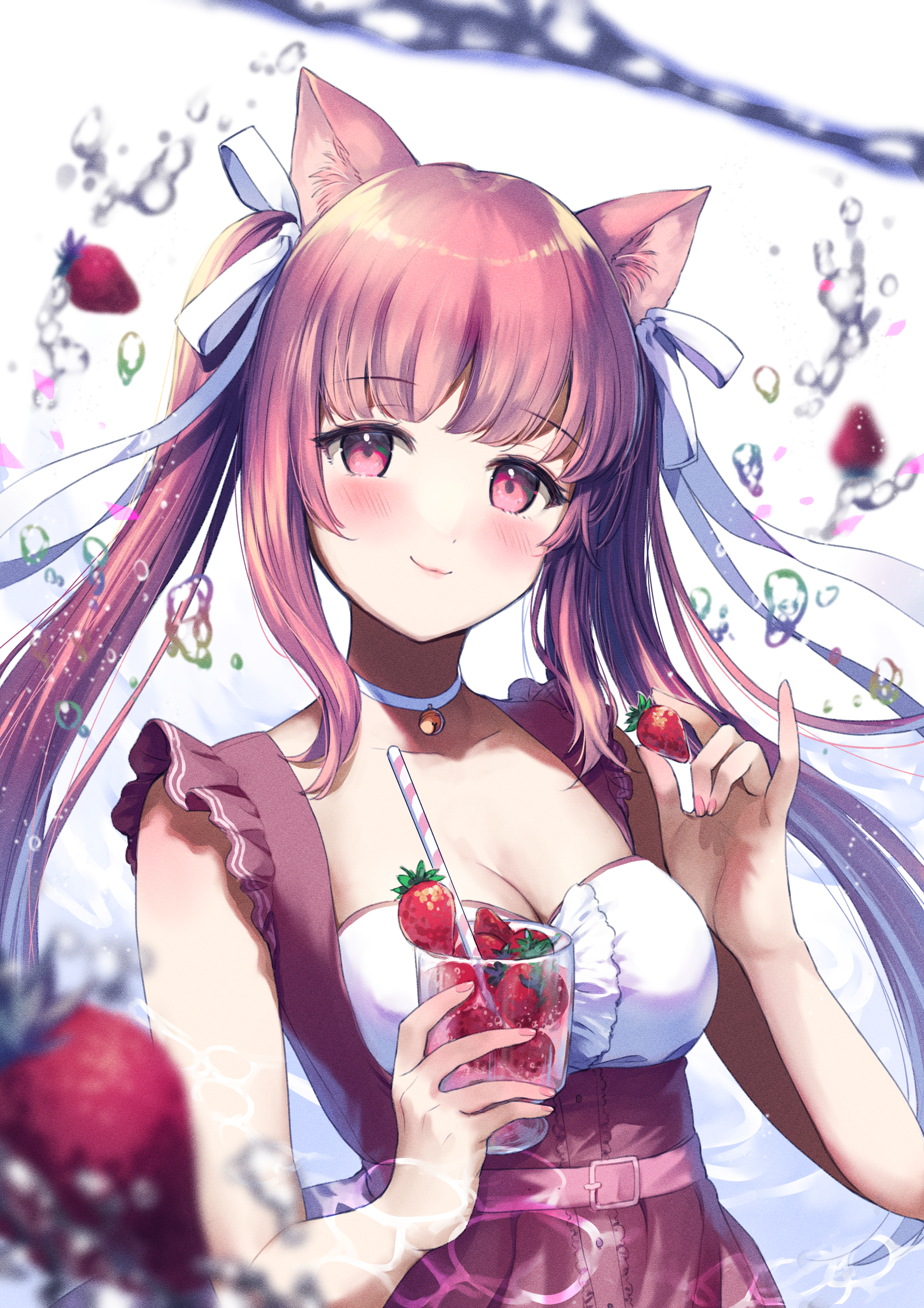 Girl Neko Cocktail Strawberry Anime Art Cartoon