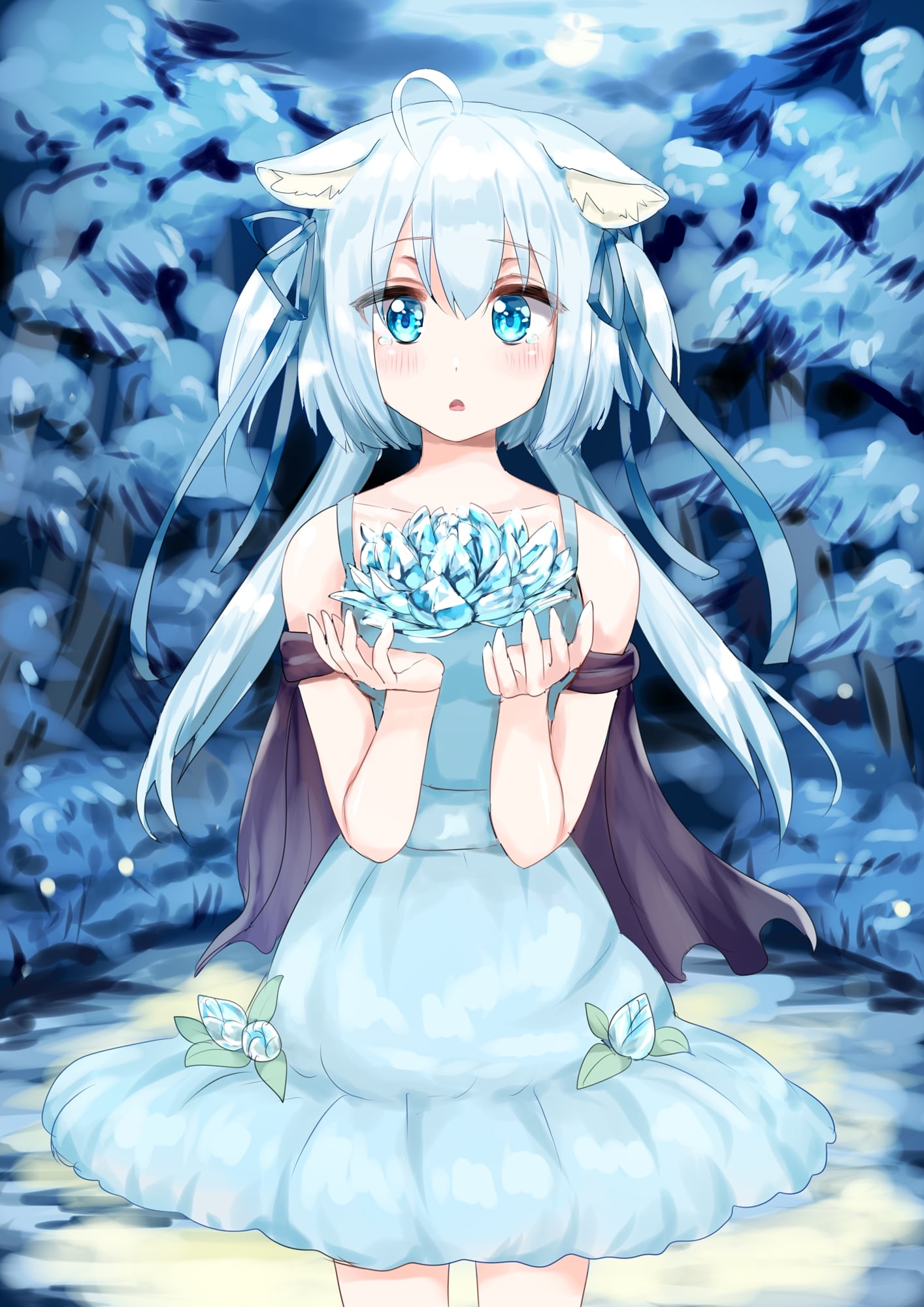 Girl Neko Flower Anime Art Blue