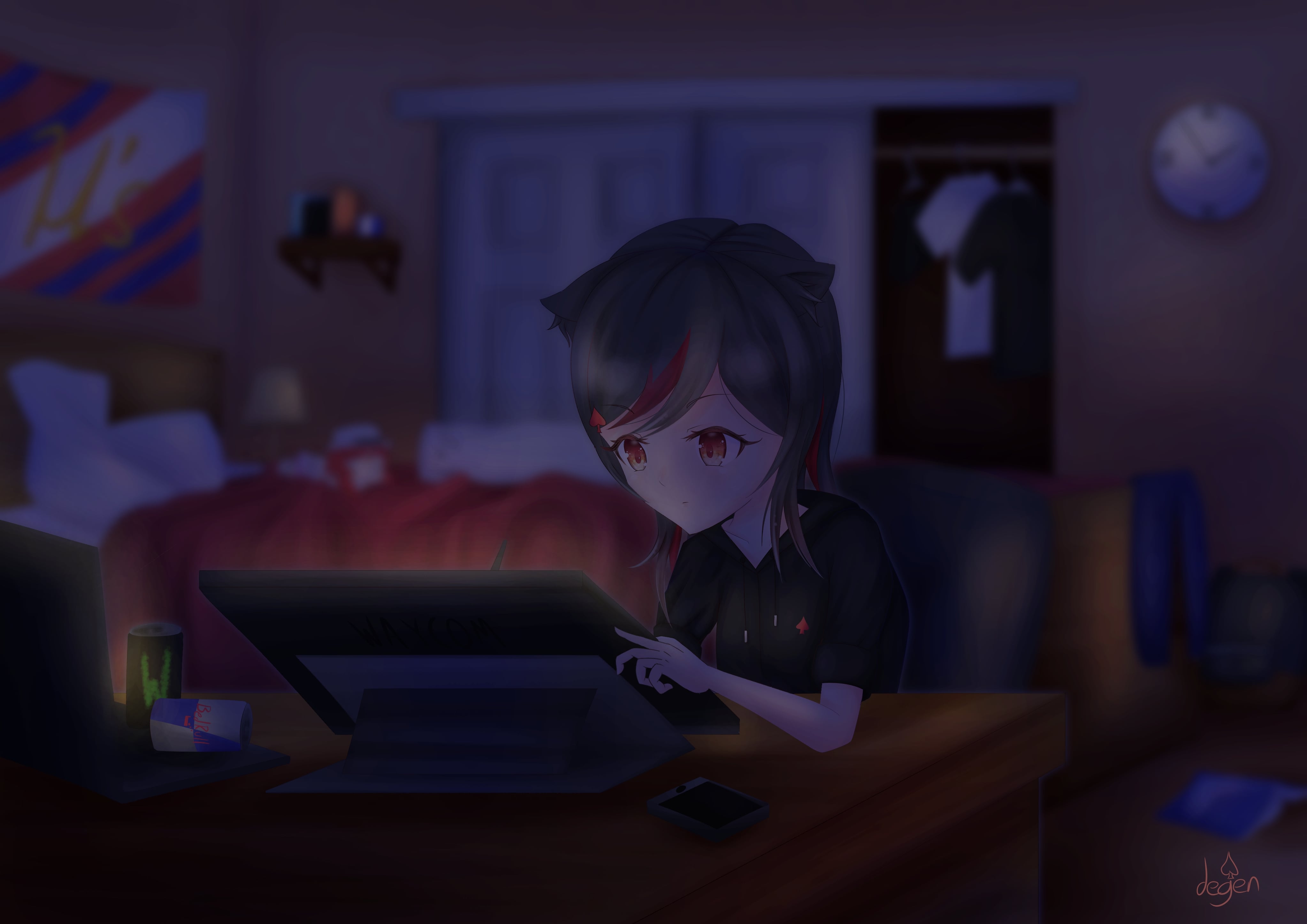 Girl Neko Tablet Artist Night Anime