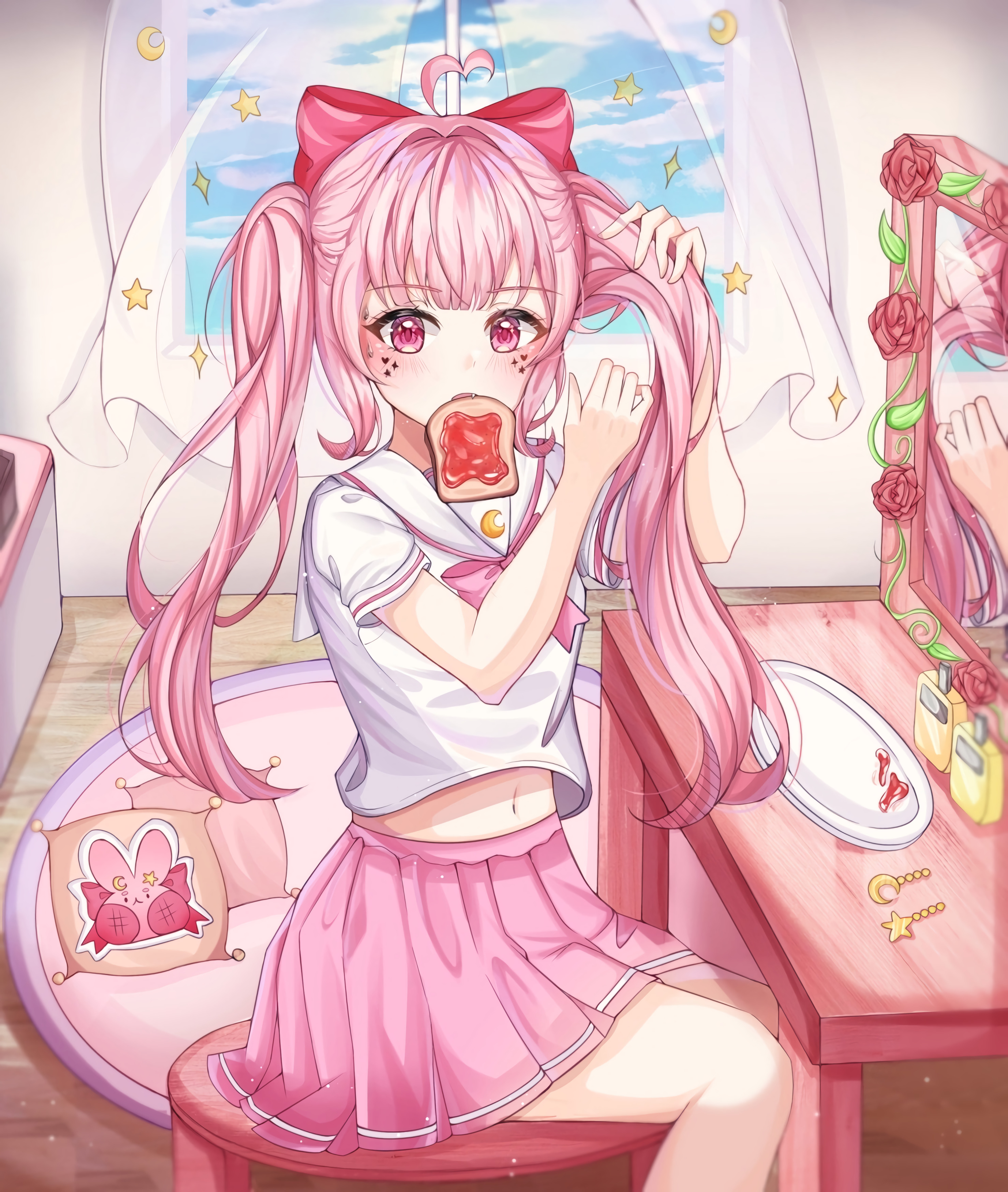 Girl Ponytails Toast Anime Art Pink