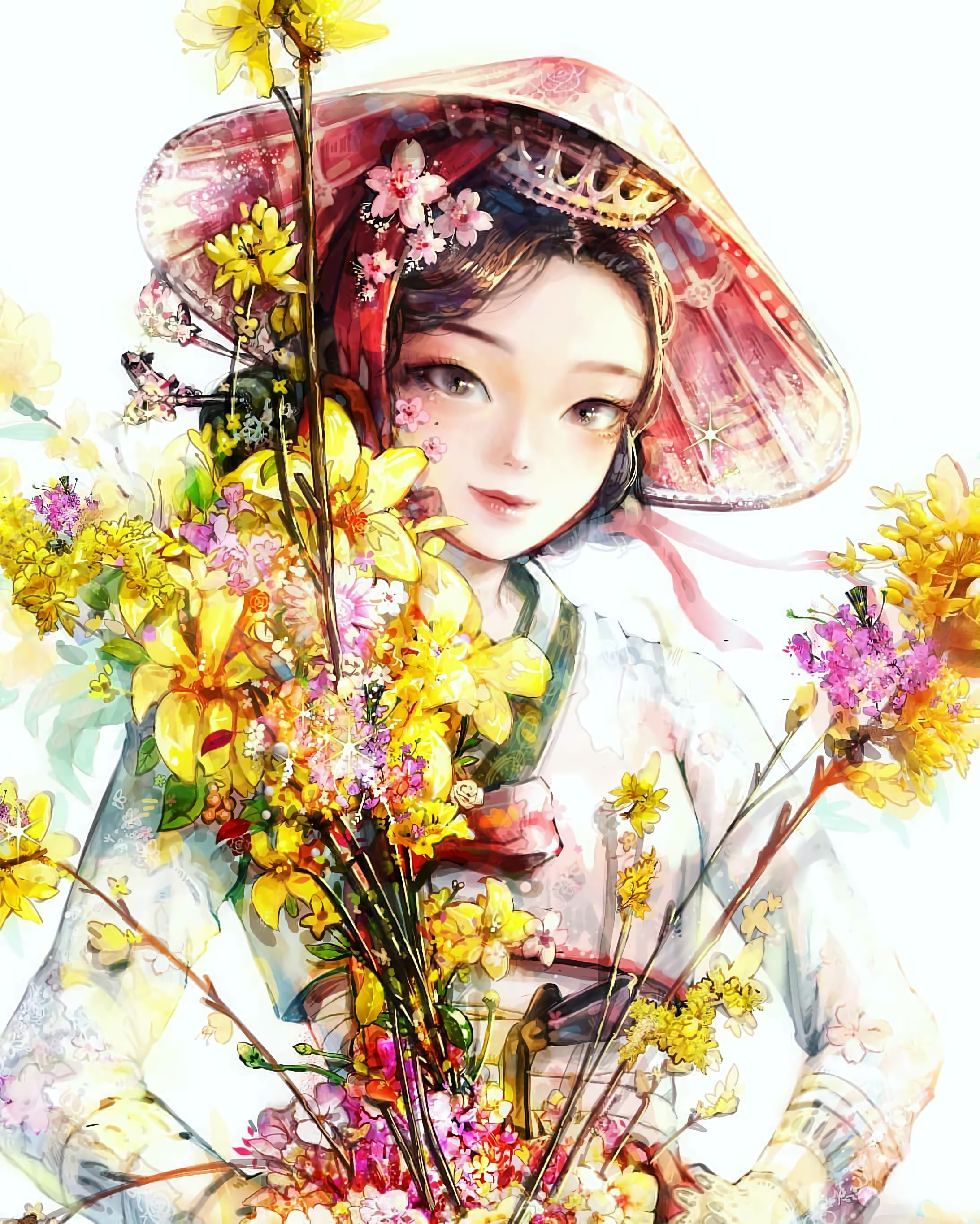 Girl Queen Crown Flowers Anime Art