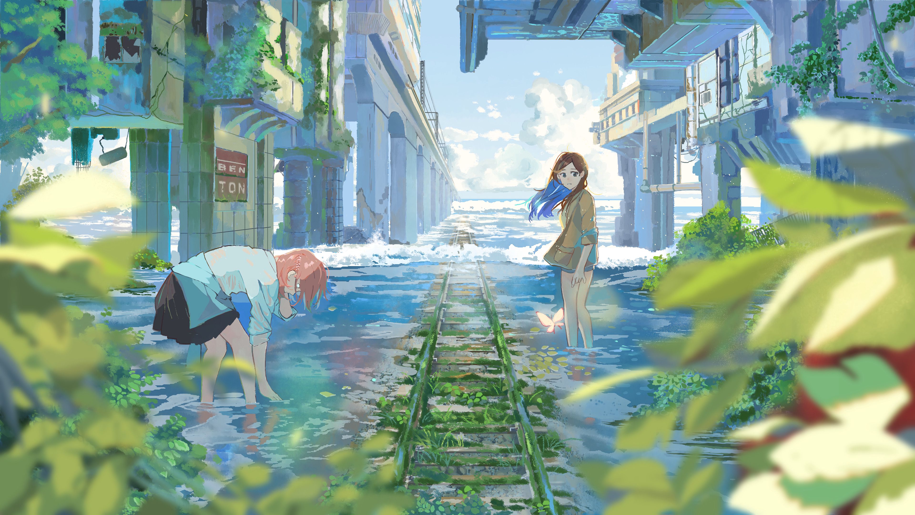 Girl Rails Water Clouds Anime