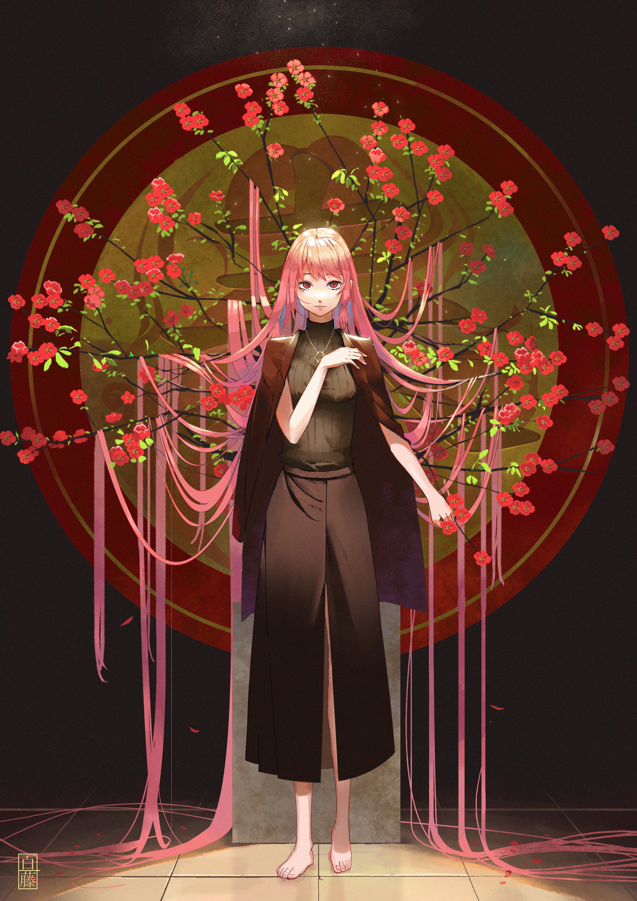 Girl Sakura Branches Flowers Anime