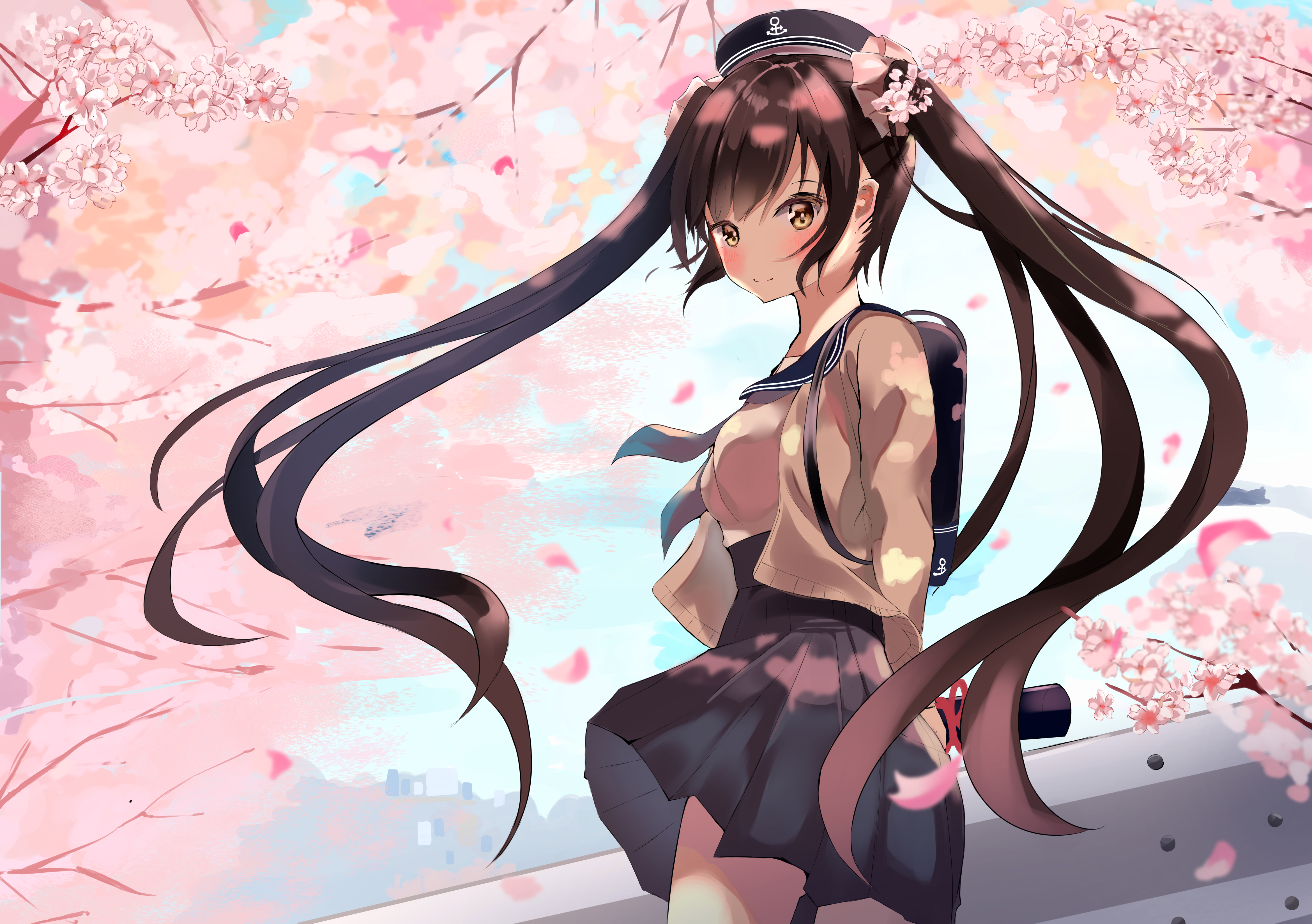 Girl Sakura Flowers Hair Anime Art