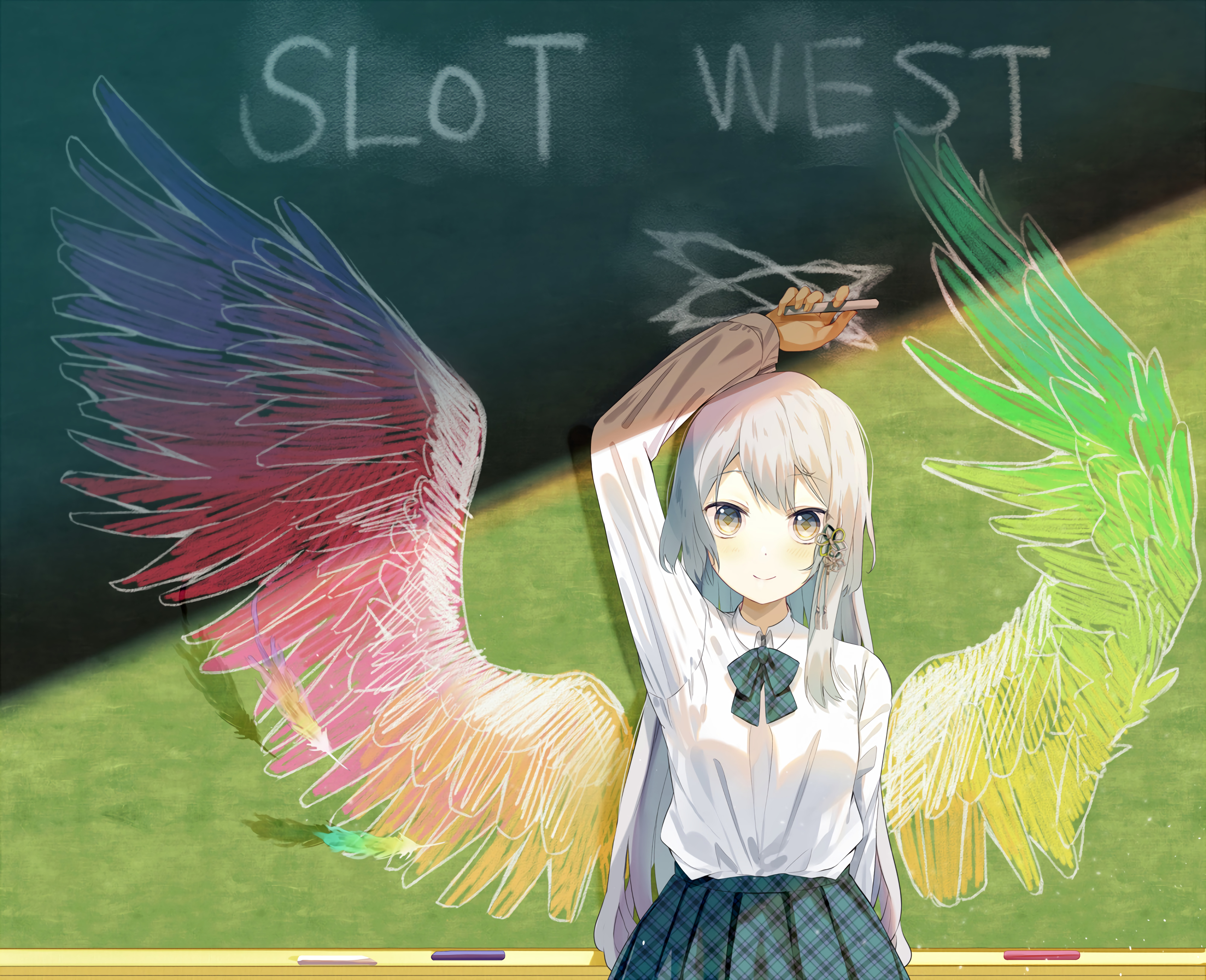 Girl Schoolgirl Board Wings Anime Art Cartoon