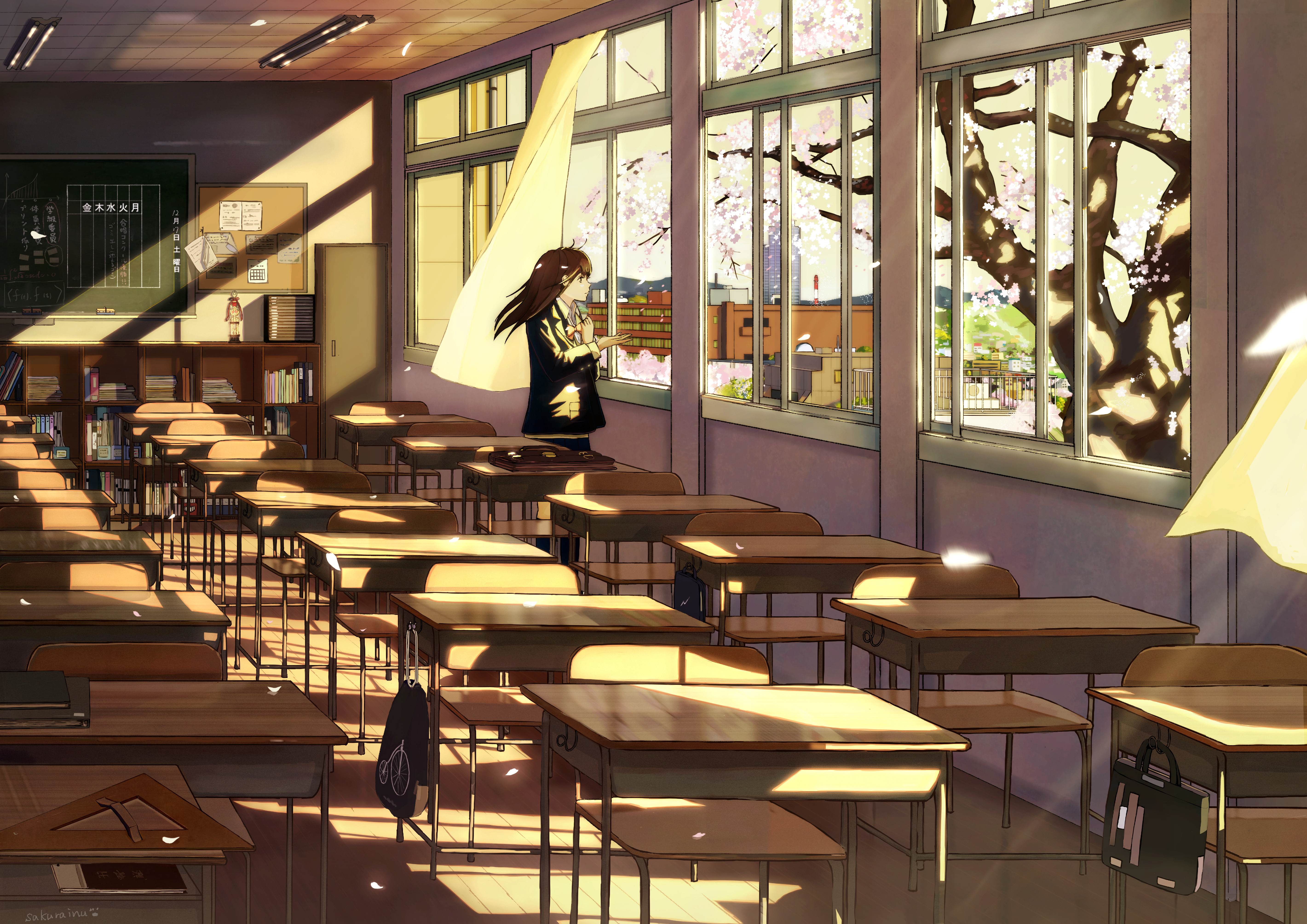 Girl Schoolgirl Desks Sakura Anime