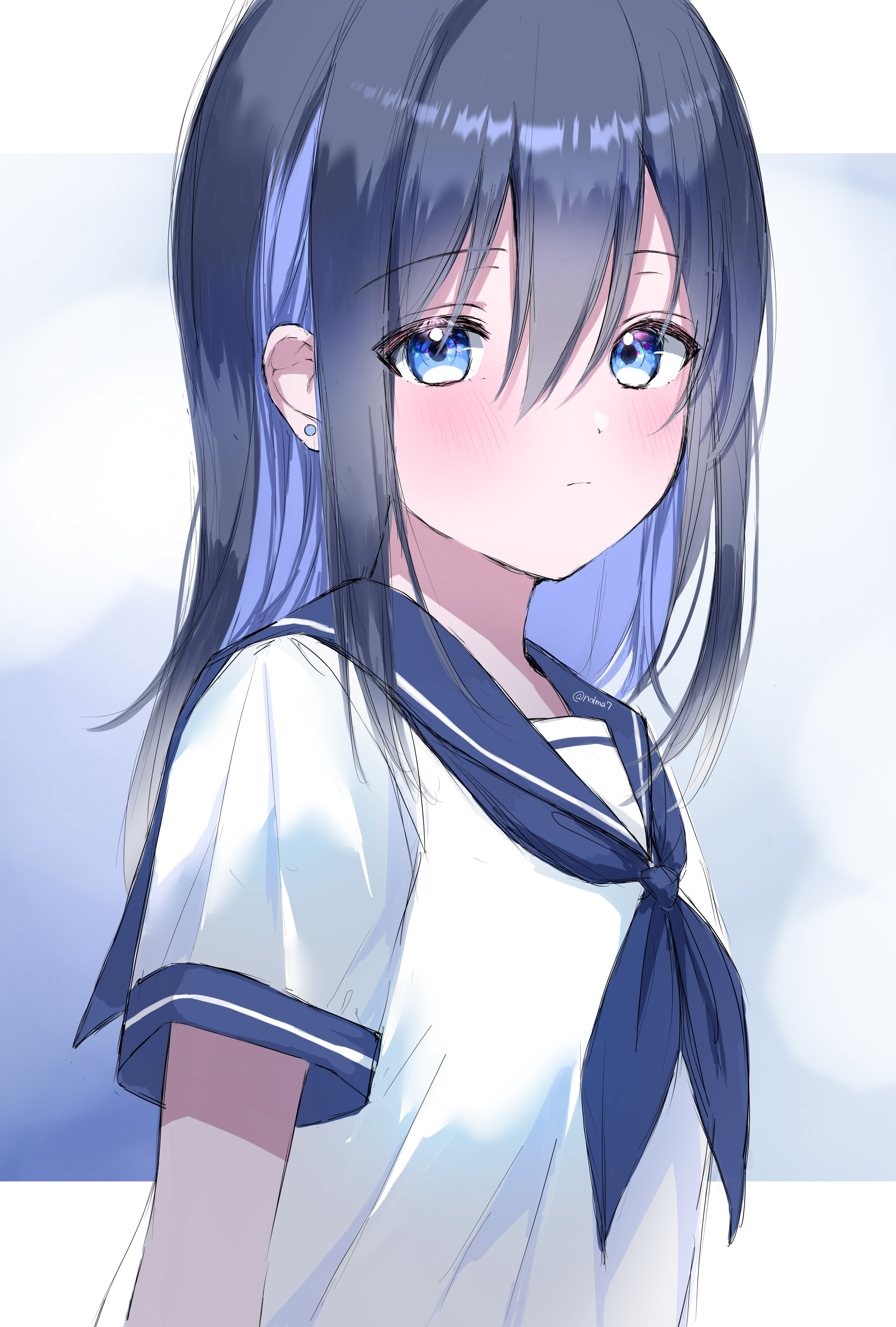 Girl Schoolgirl Glance Anime Art Blue