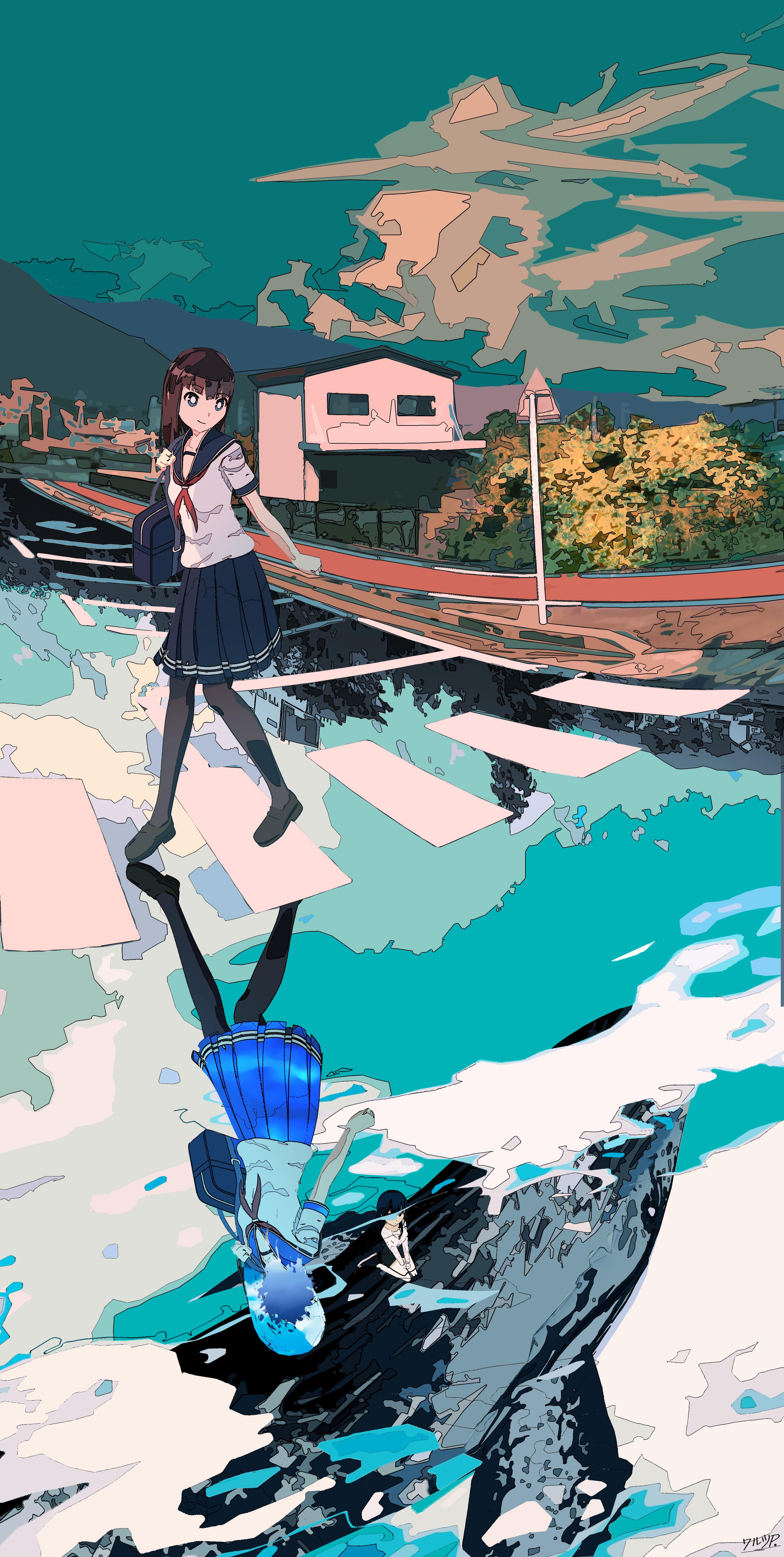 Girl Schoolgirl Road Reflection Anime Art