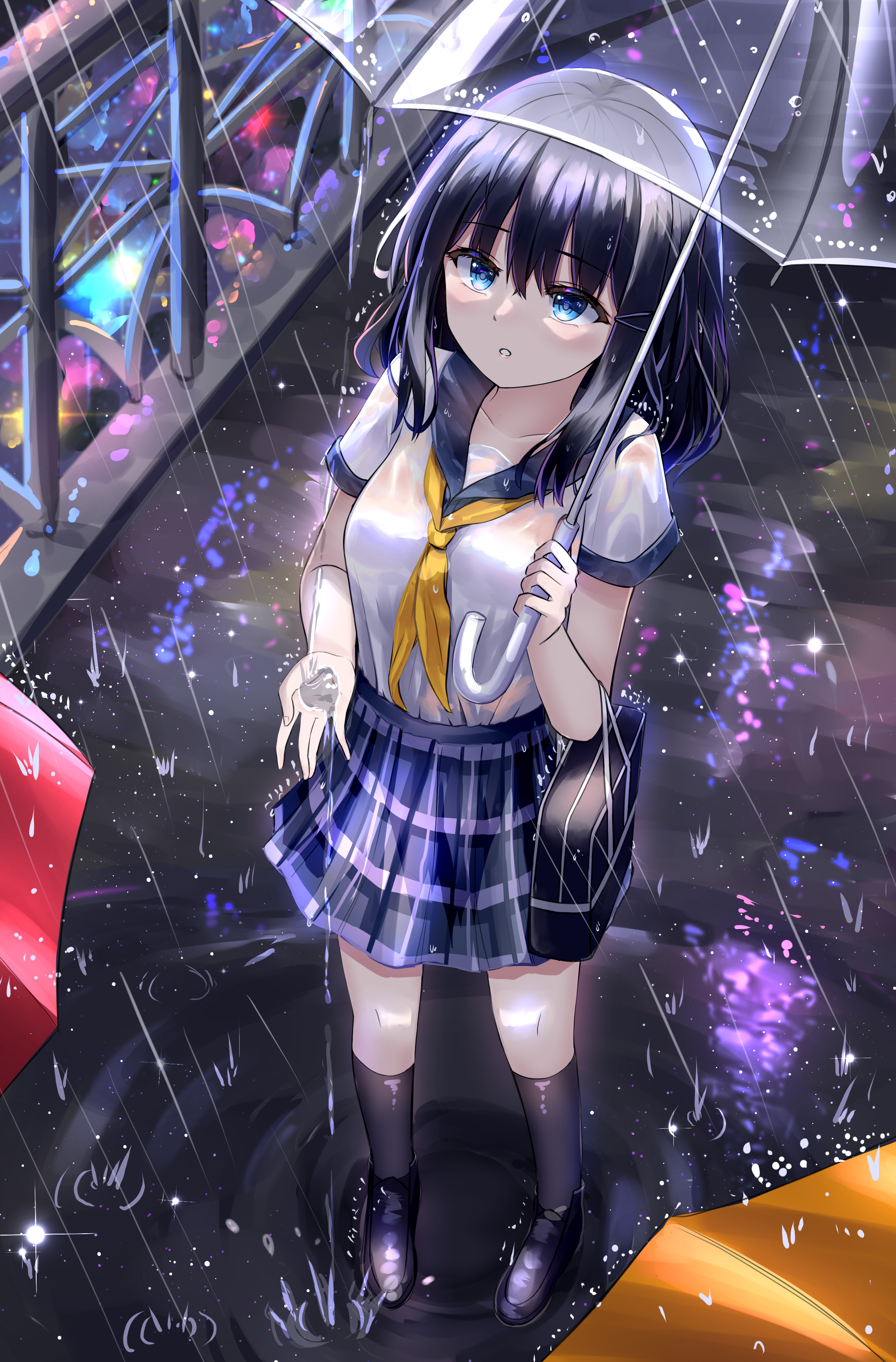 Girl Schoolgirl Umbrella Rain Anime