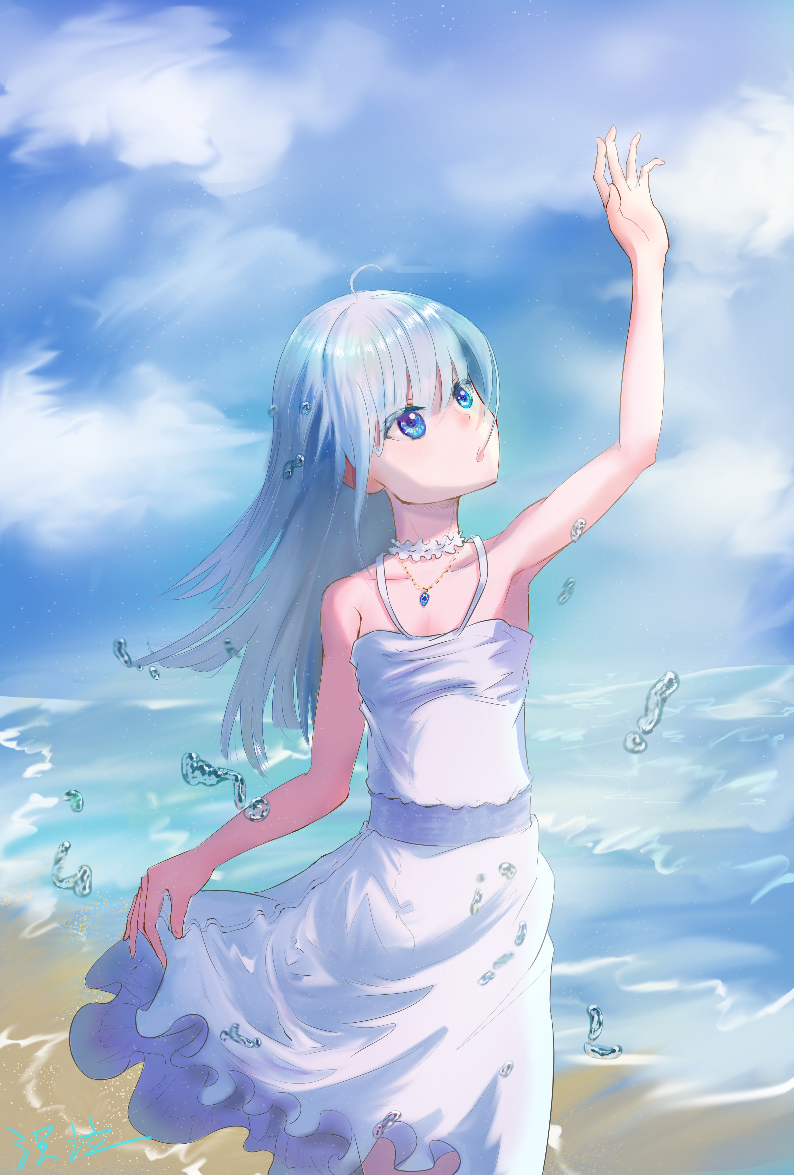 Girl Sea Beach Drops Anime Art