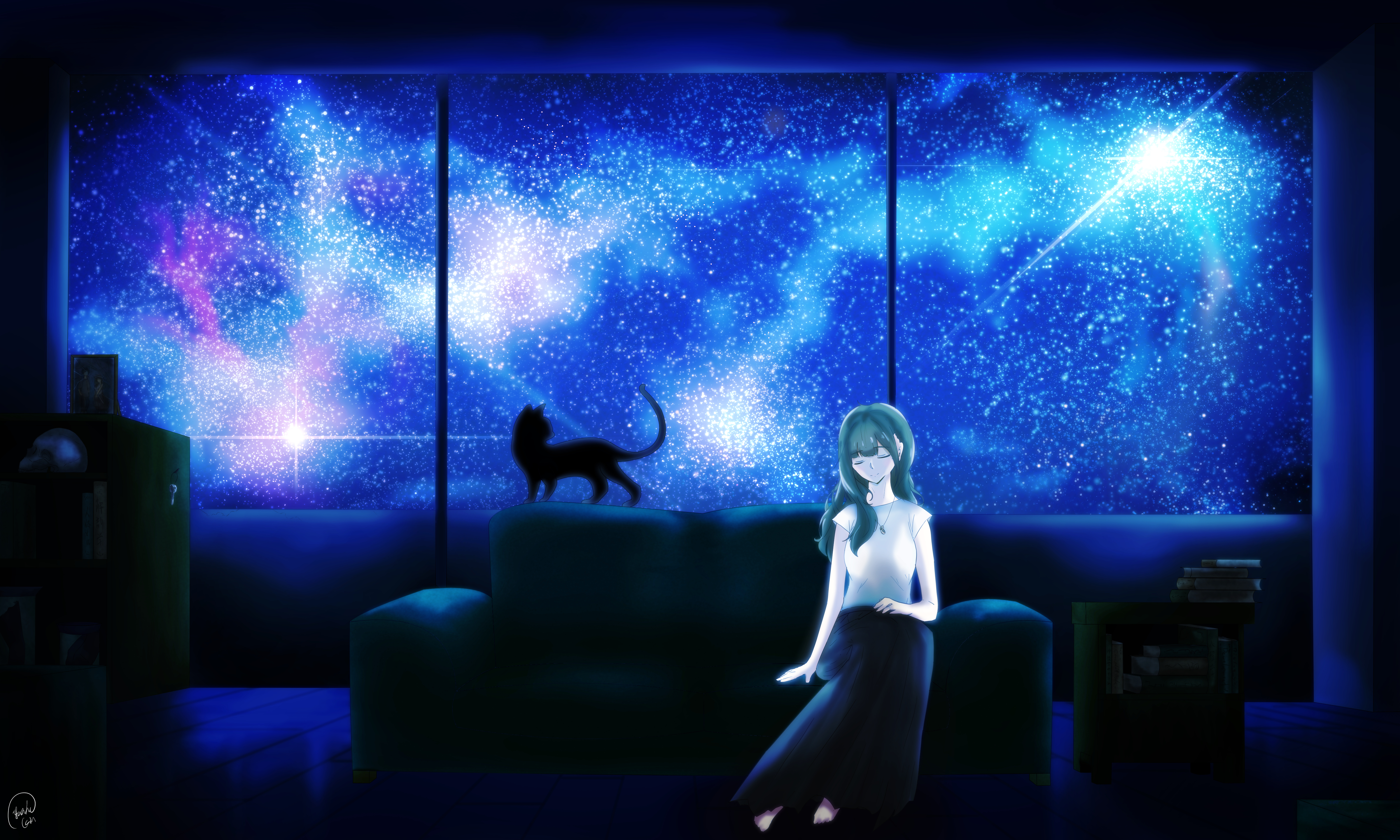 Girl Sleep Night Stars Anime Art Cartoon