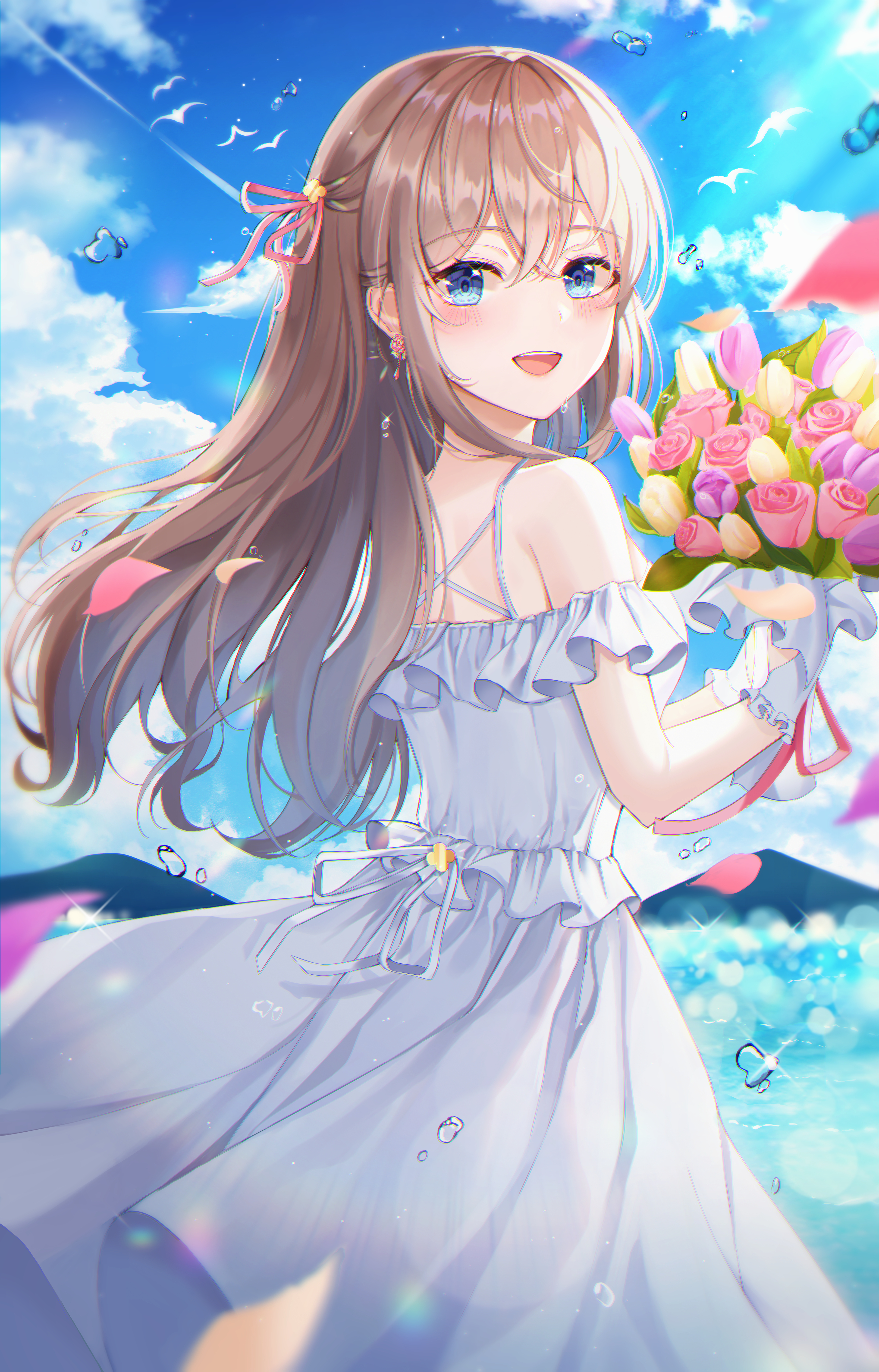 Girl Smile Bouquet Flowers Anime Art Cartoon