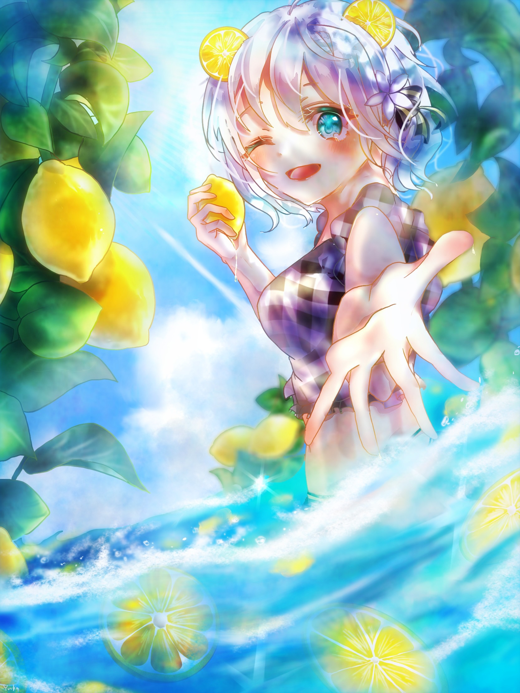 Girl Smile Gesture Lemons Water Anime