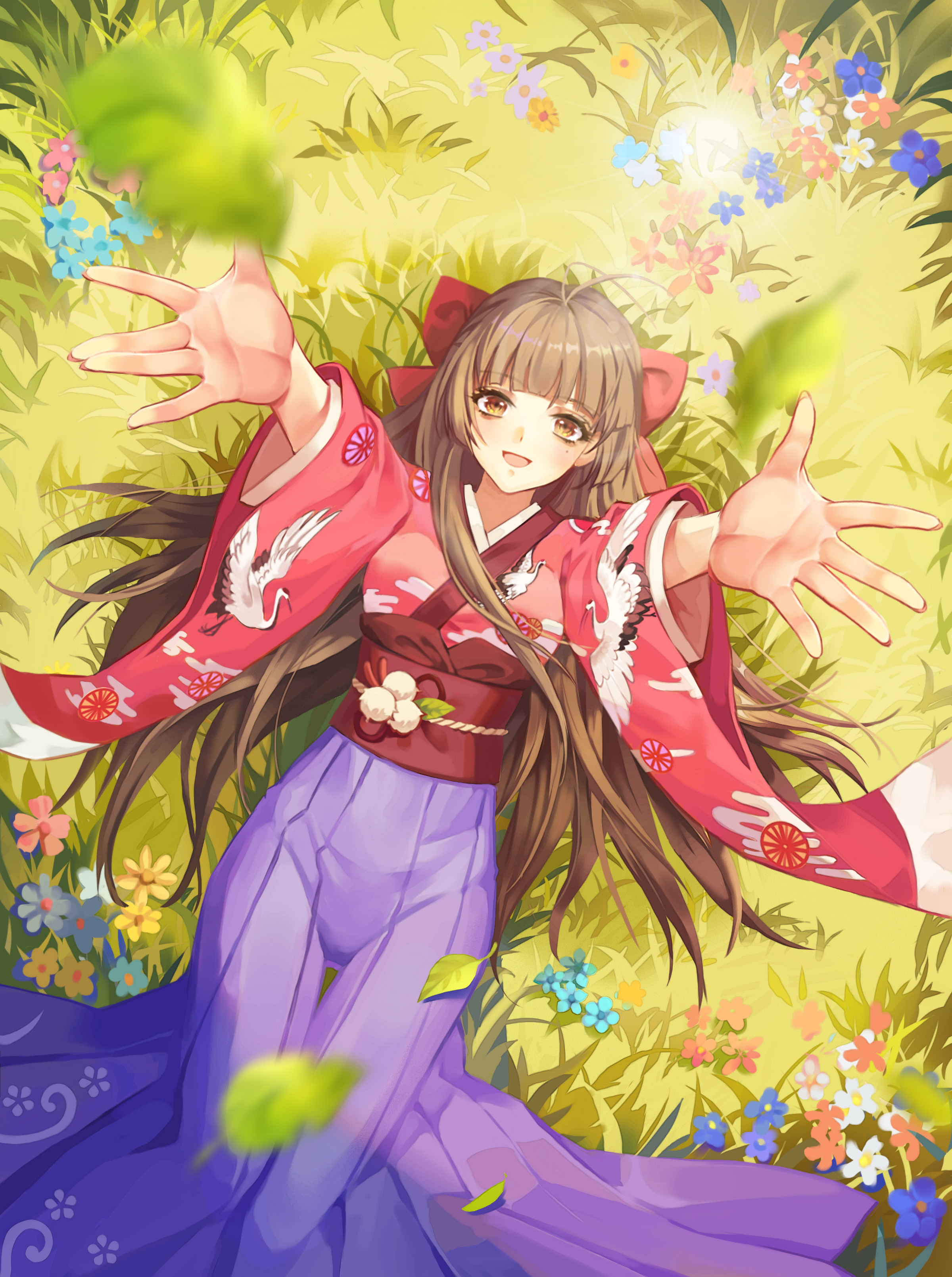 Girl Smile Kimono Field Flowers Anime