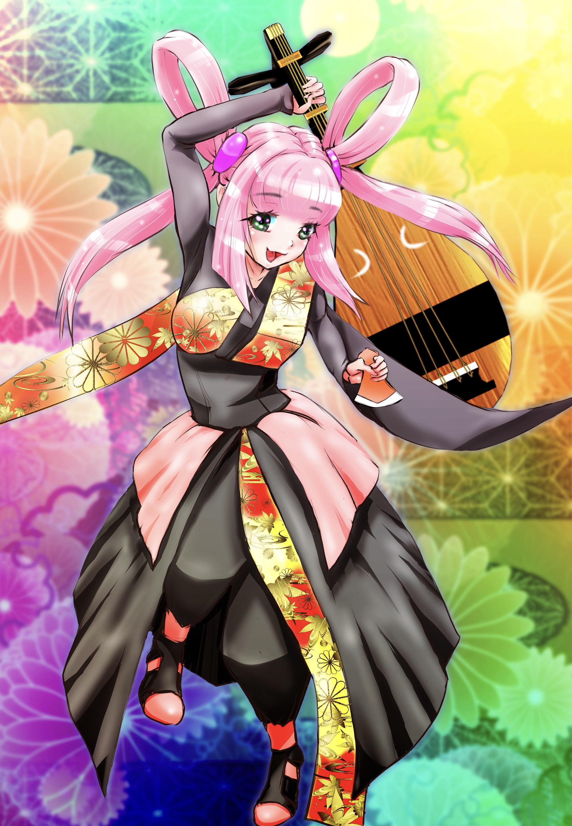 Girl Smile Kimono Musical-instrument Anime