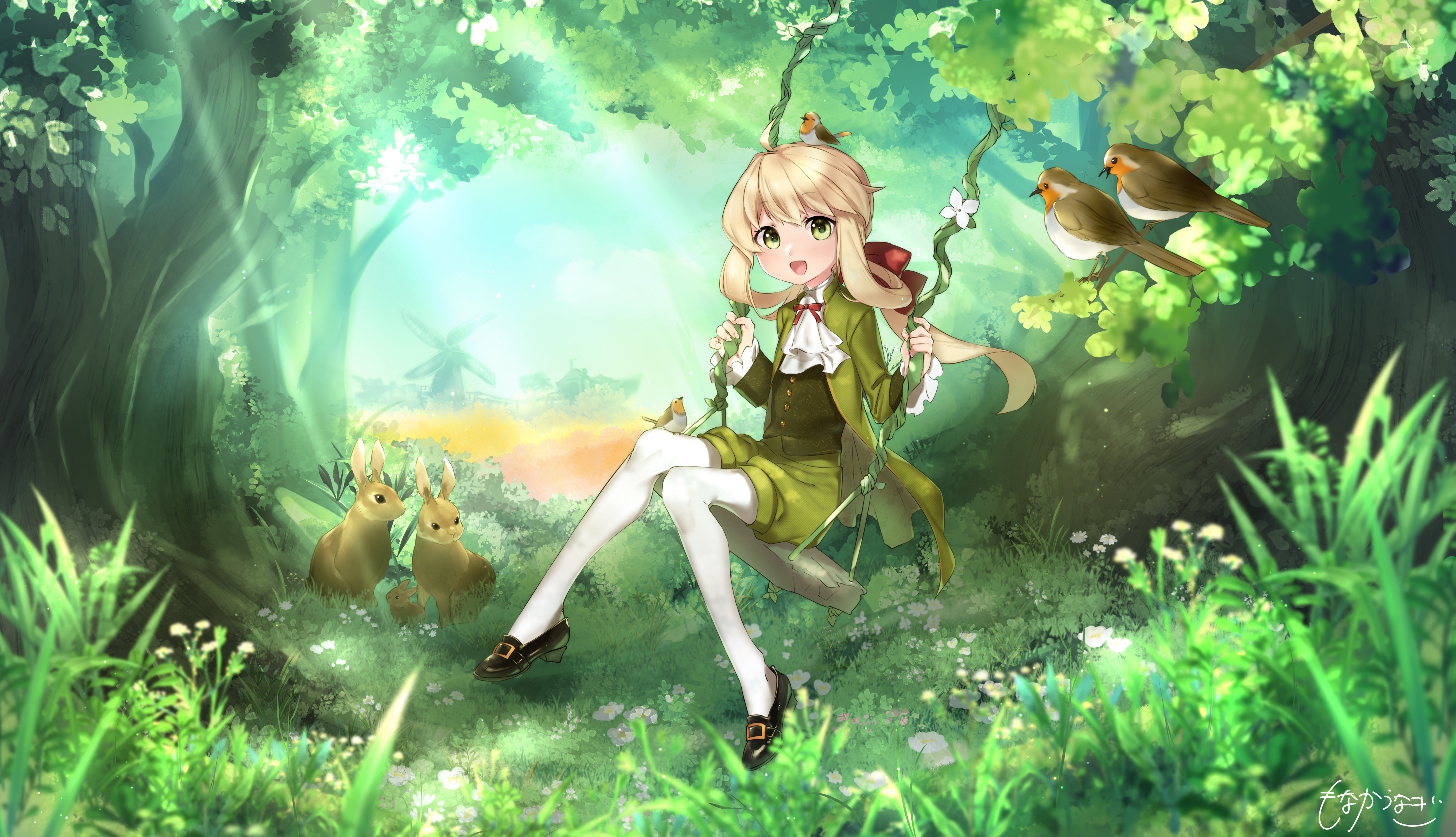 Girl Swing Forest Anime Art