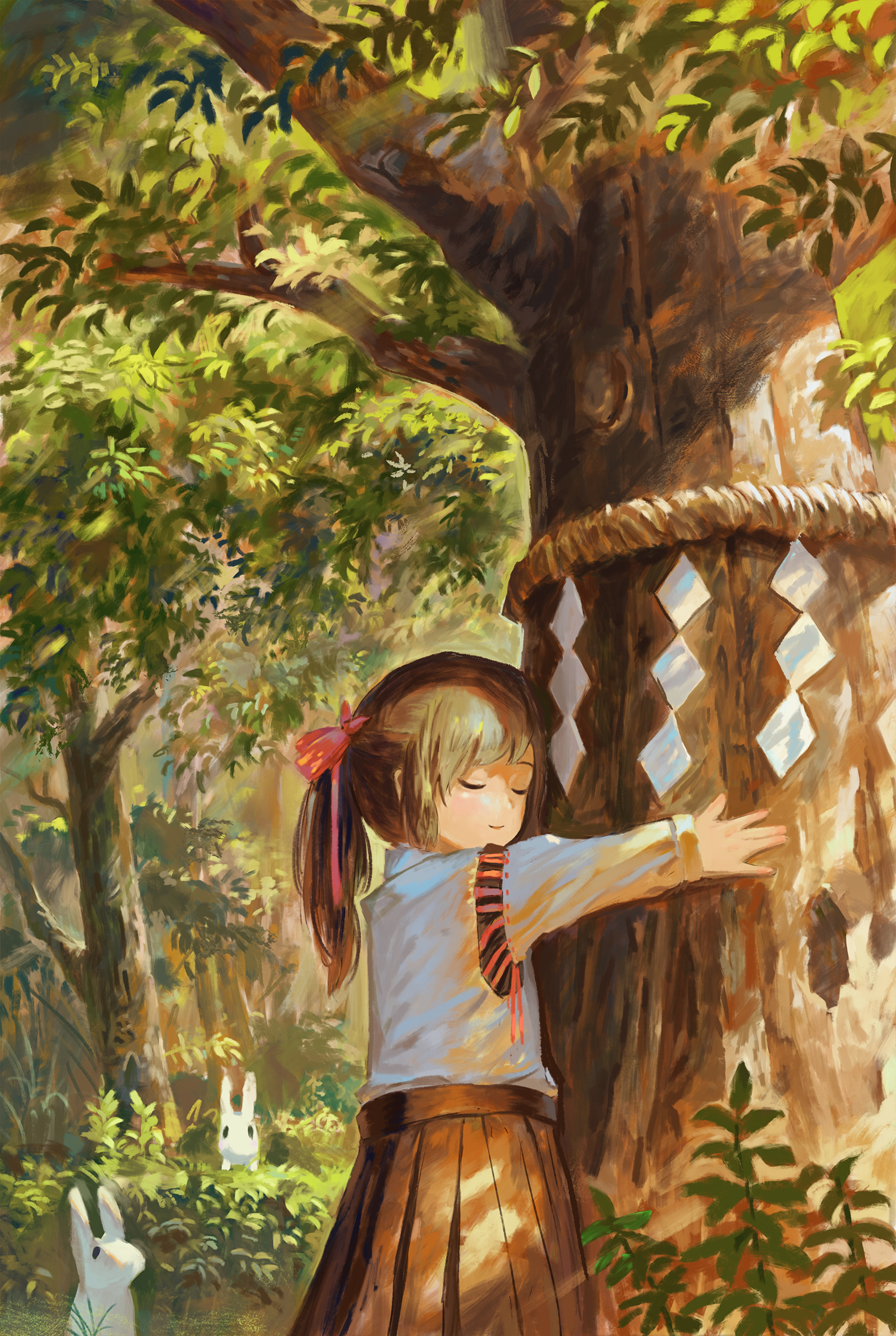 Girl Tree Hugs Nature Anime Art