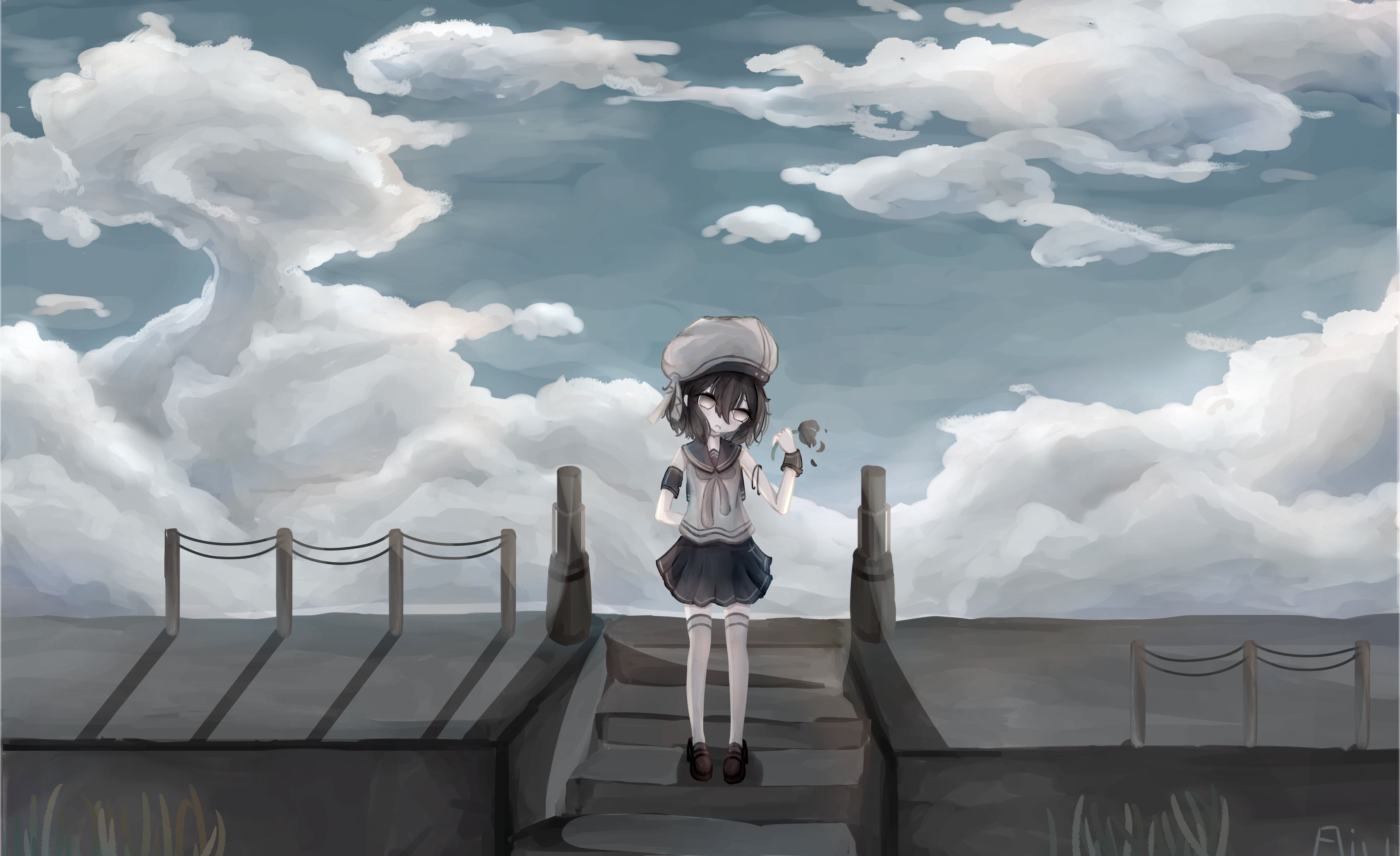 Girl Uniform Beret Flower Anime Art