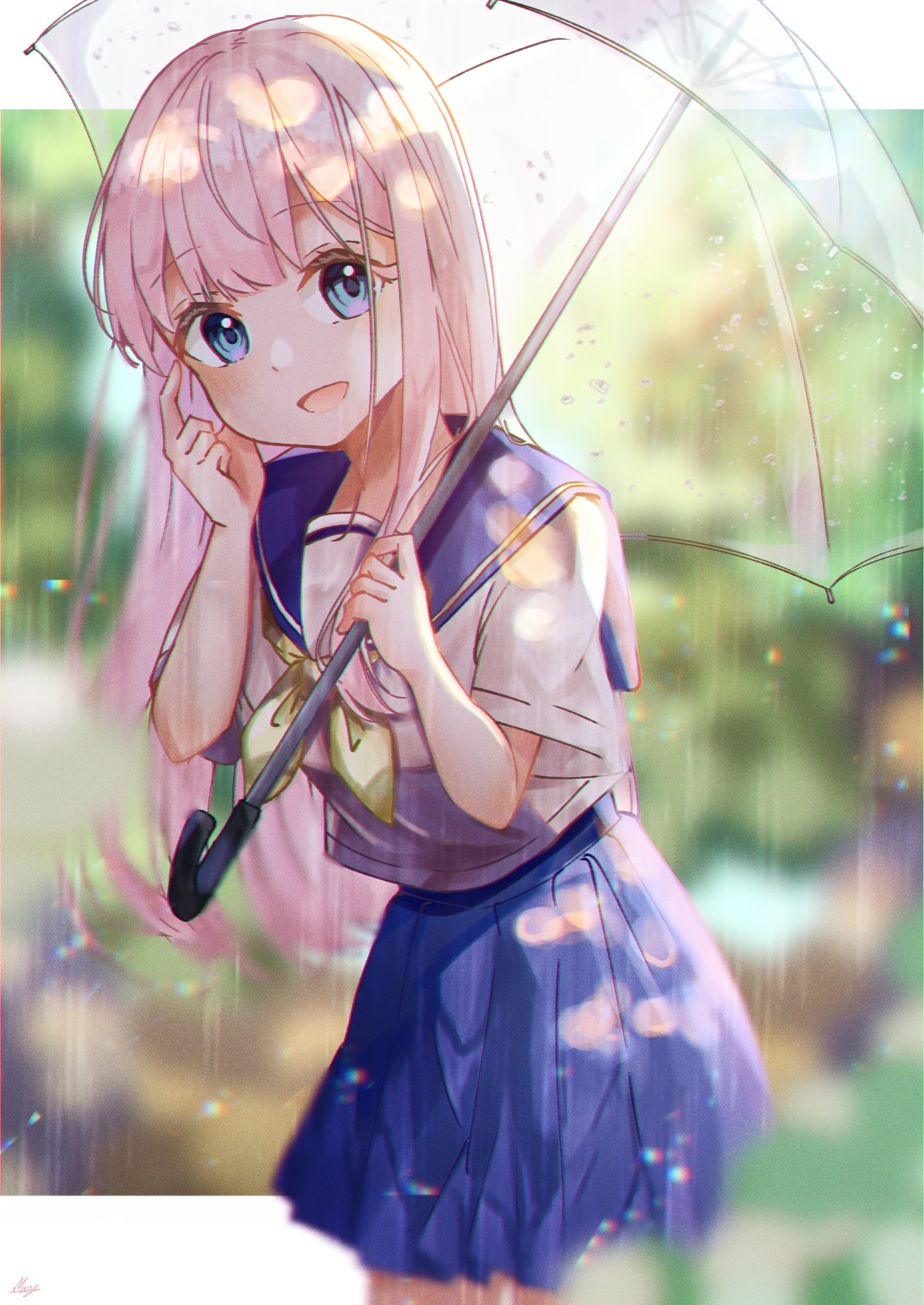 Girl Uniform Umbrella Rain Anime Art