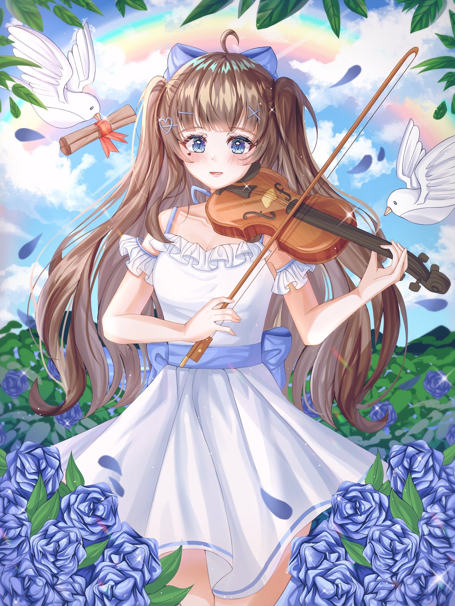 Girl Violin Birds Anime Art