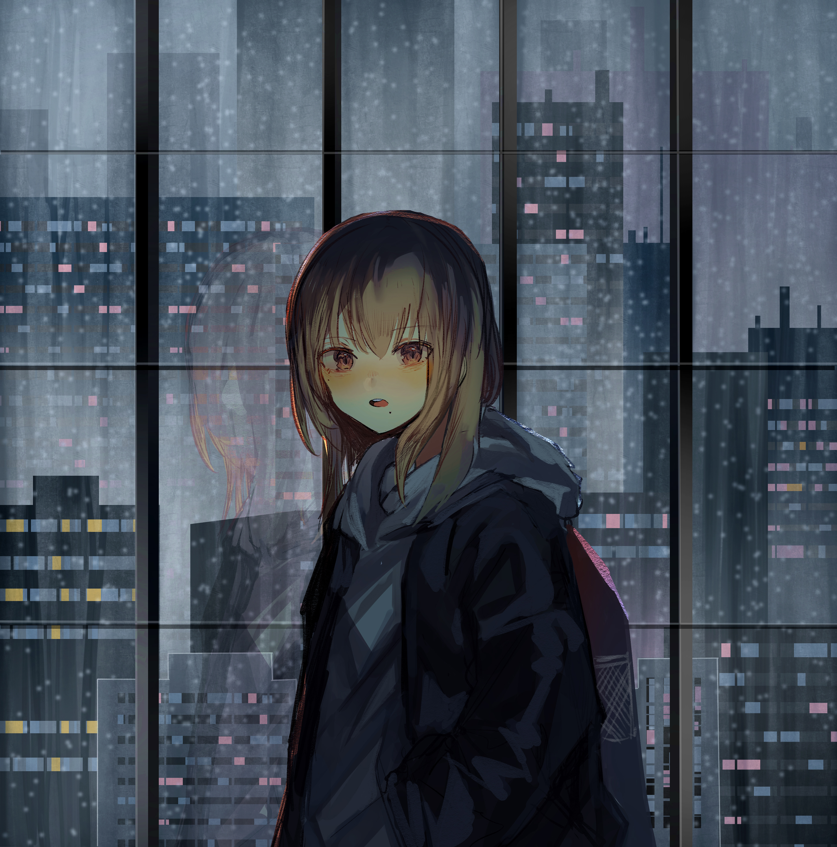 Girl Window Buildings City View Anime