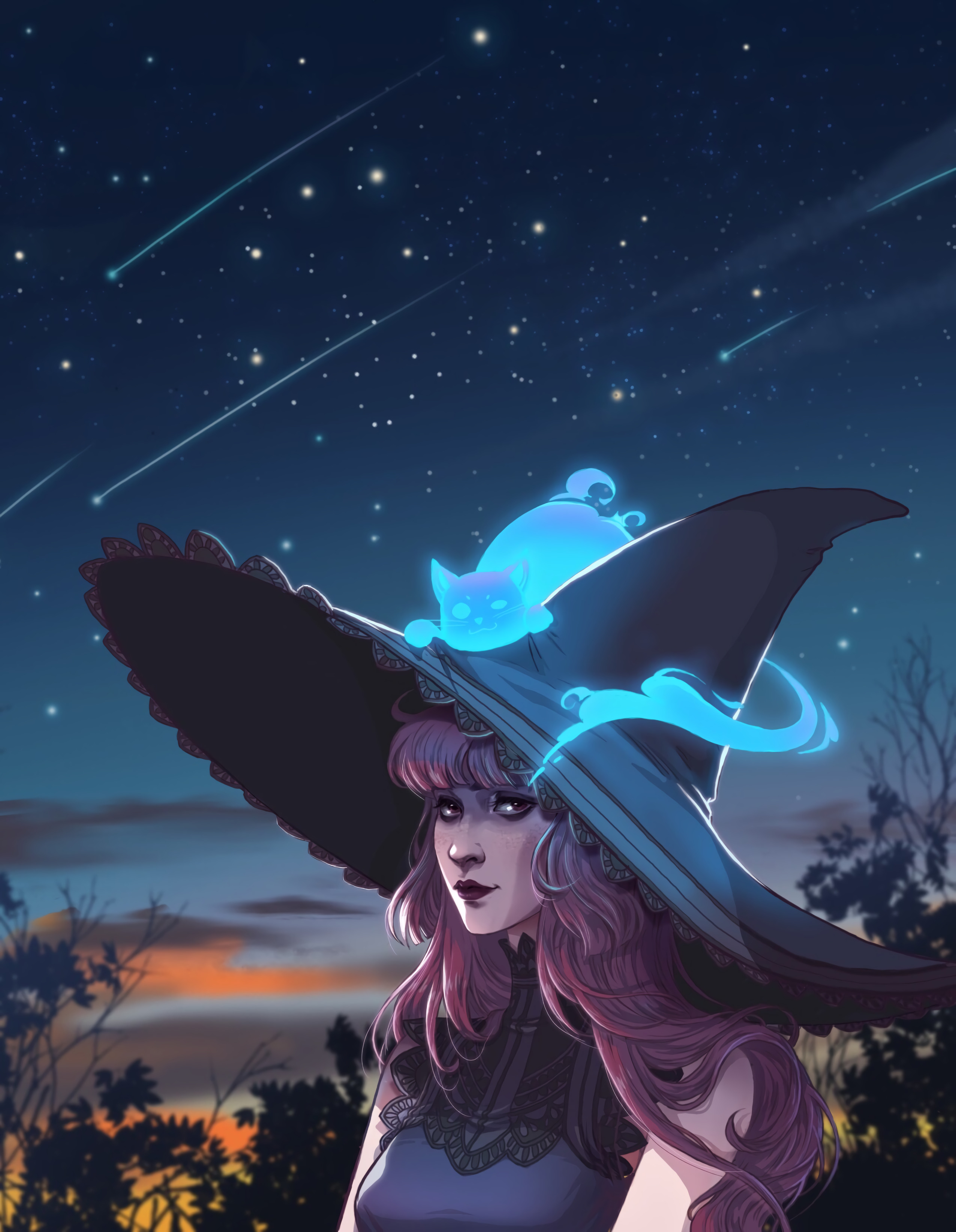 Girl Witch Hat Cat Ghost Art