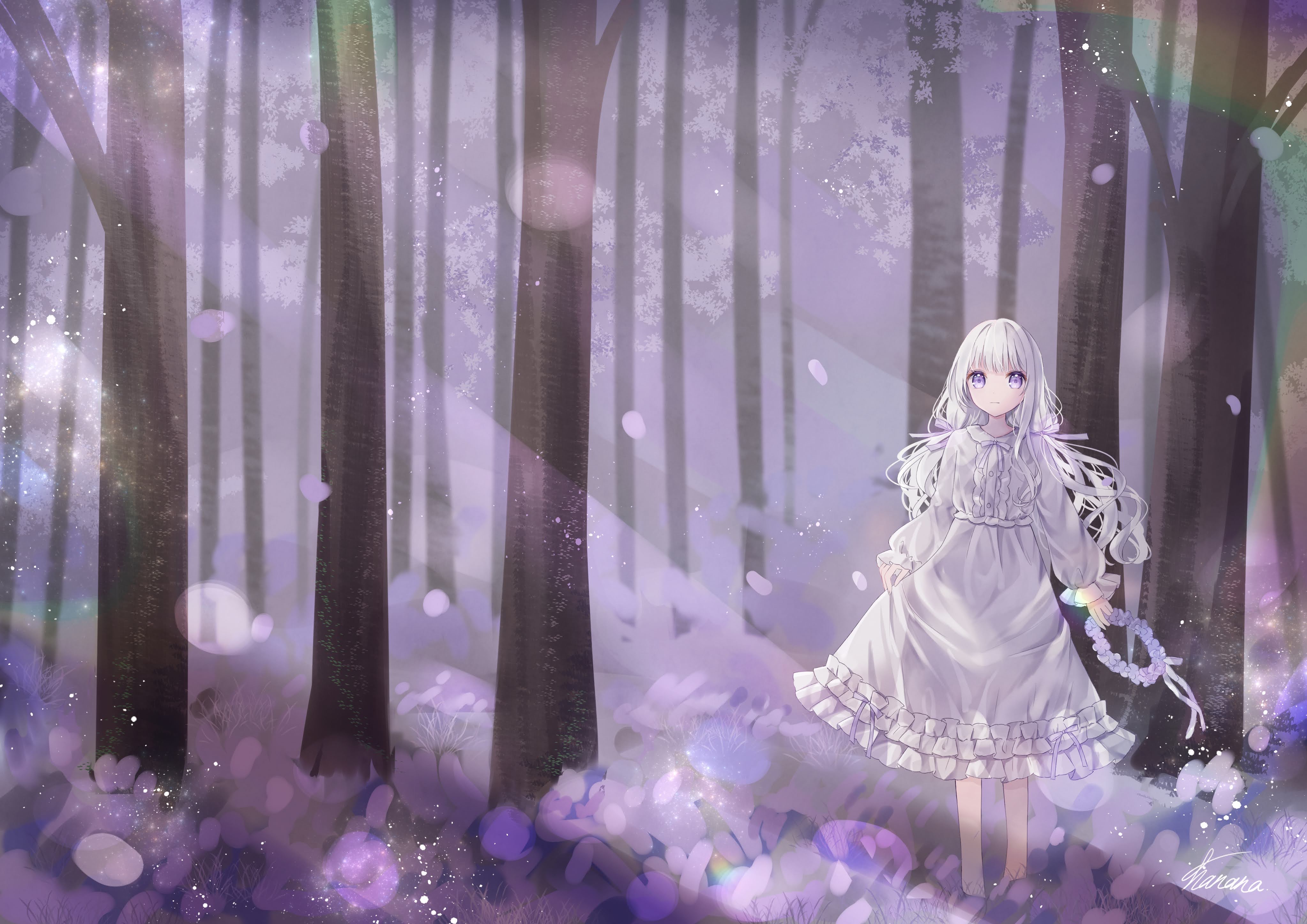 Girl Wreath Dress Forest Anime Art Purple