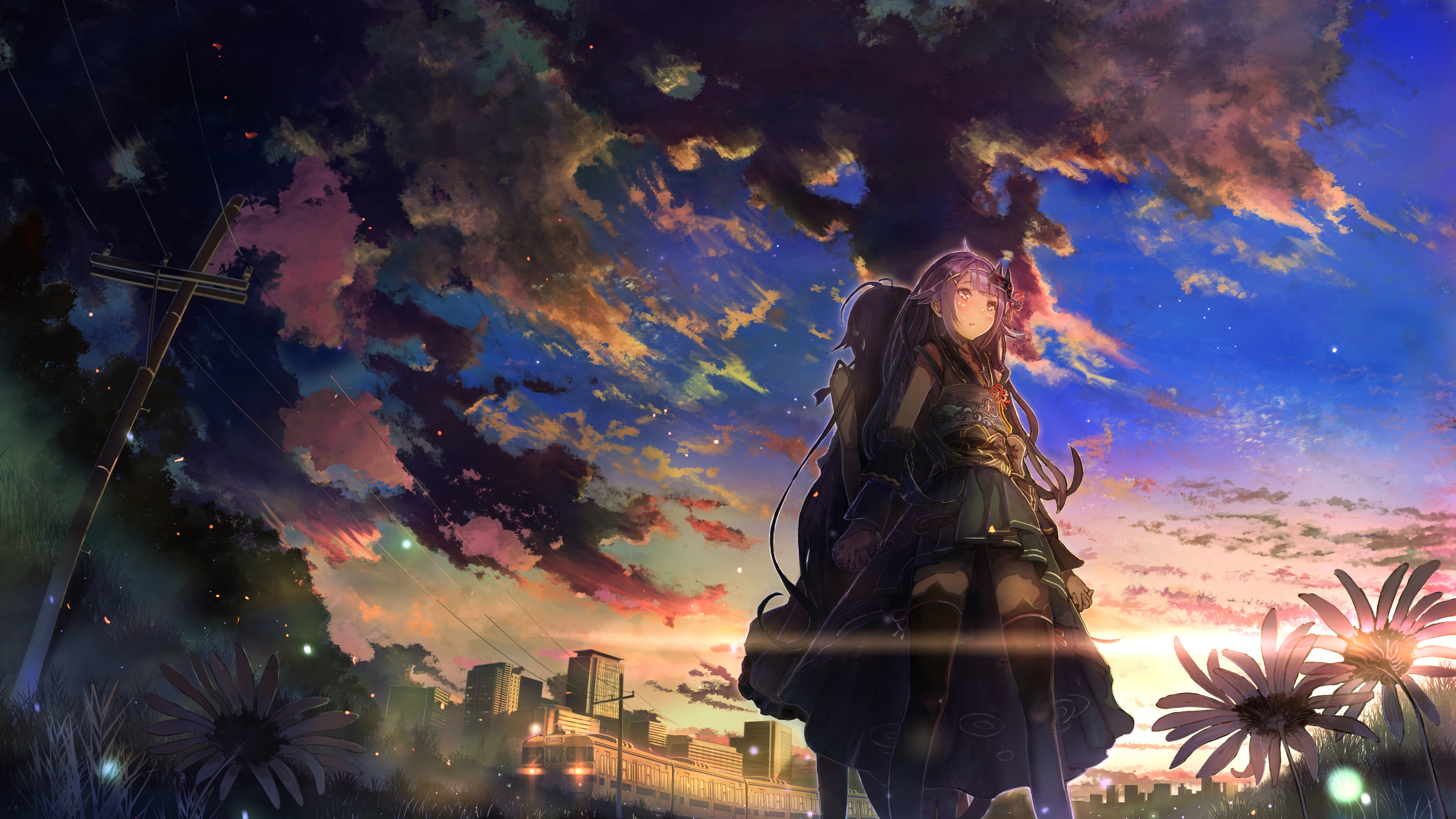 Girls Touch Sky Clouds Sunset Anime