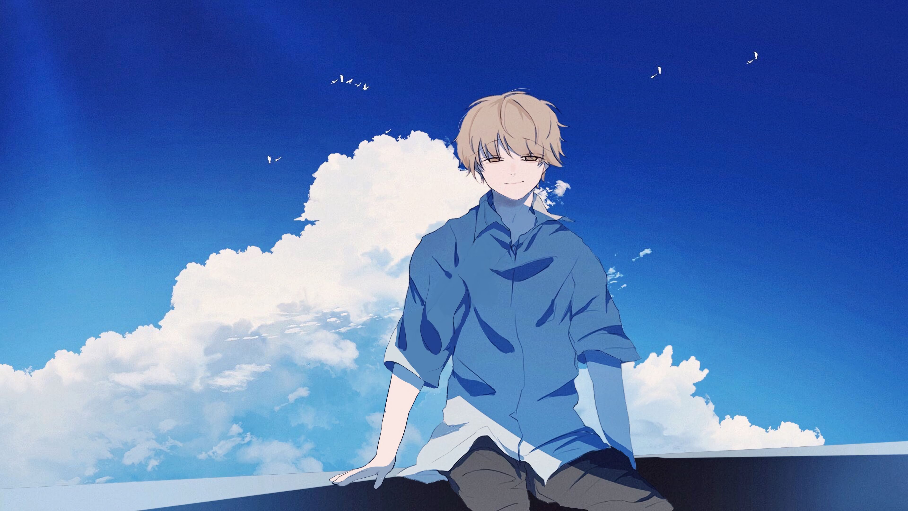 Guy Alone Smile Clouds Anime