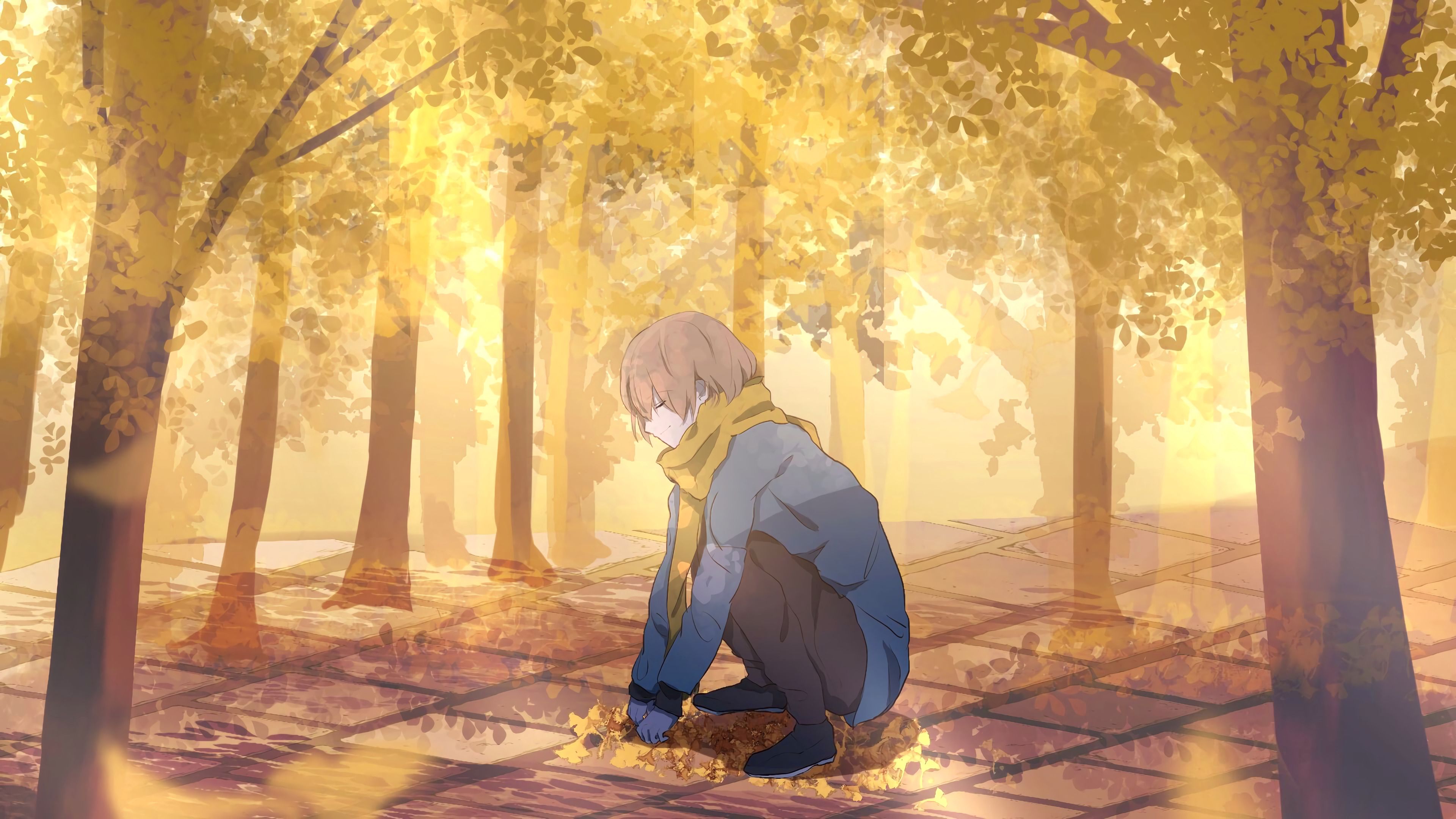 Guy Scarf Leaves Trees Autumn Anime