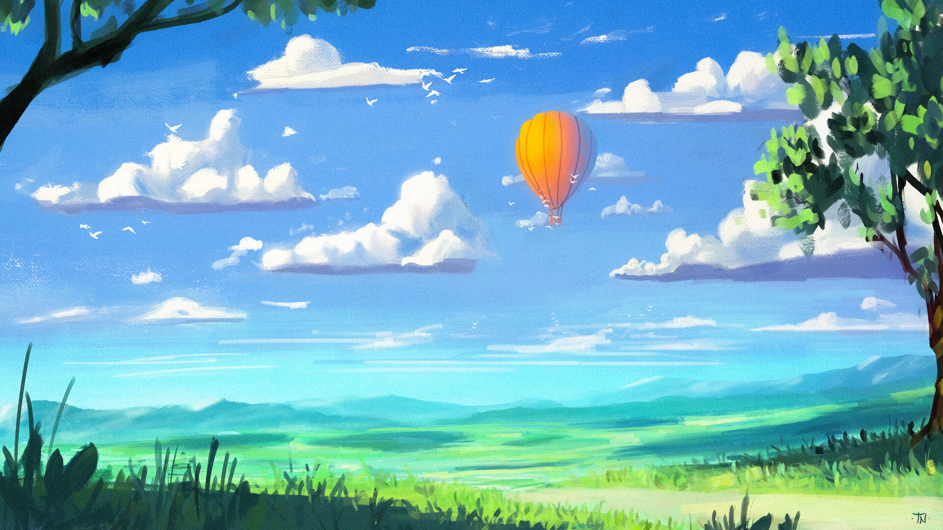 Hot-air-balloon Sky Clouds Field Art