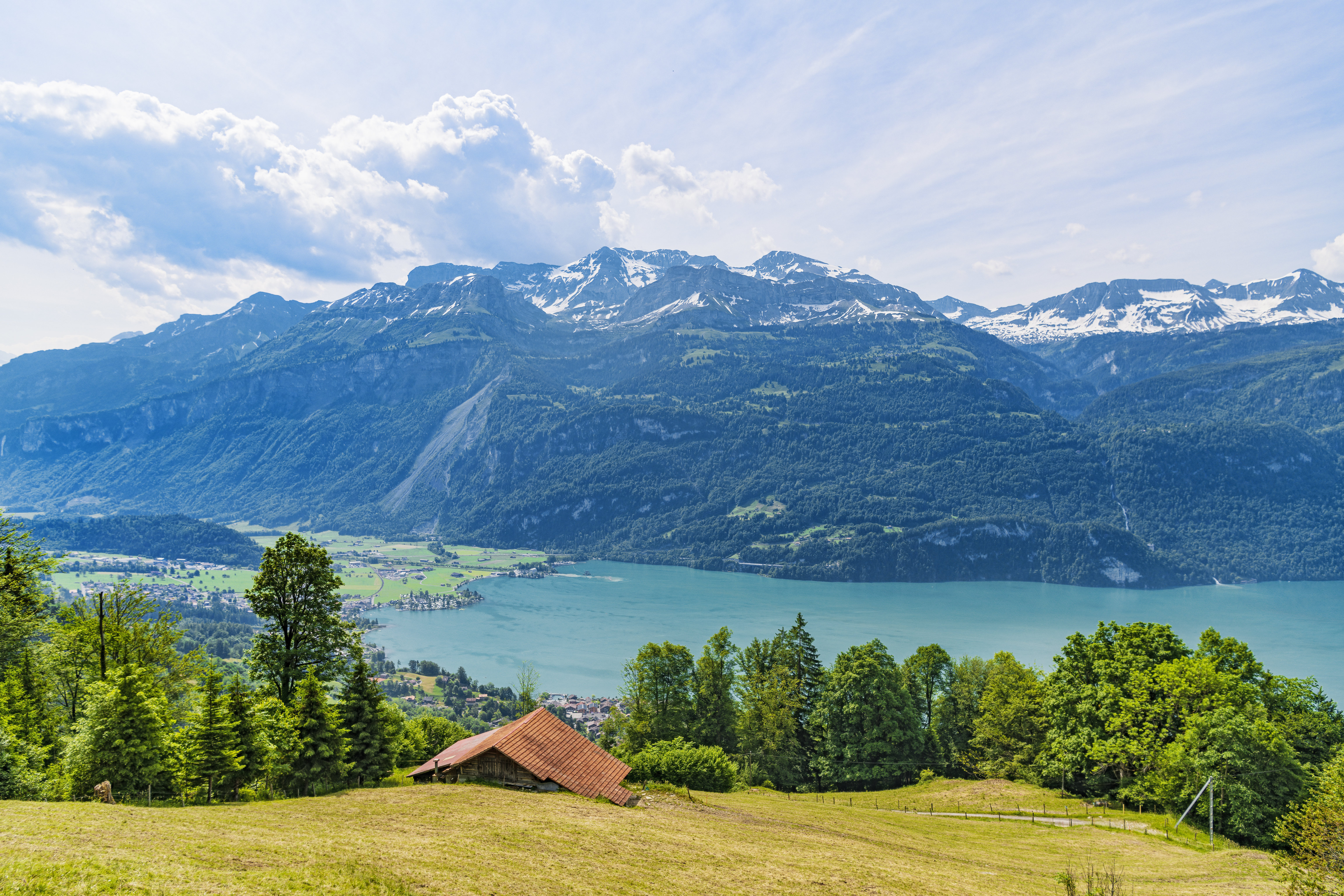 House Trees Lake Mountains Landscape