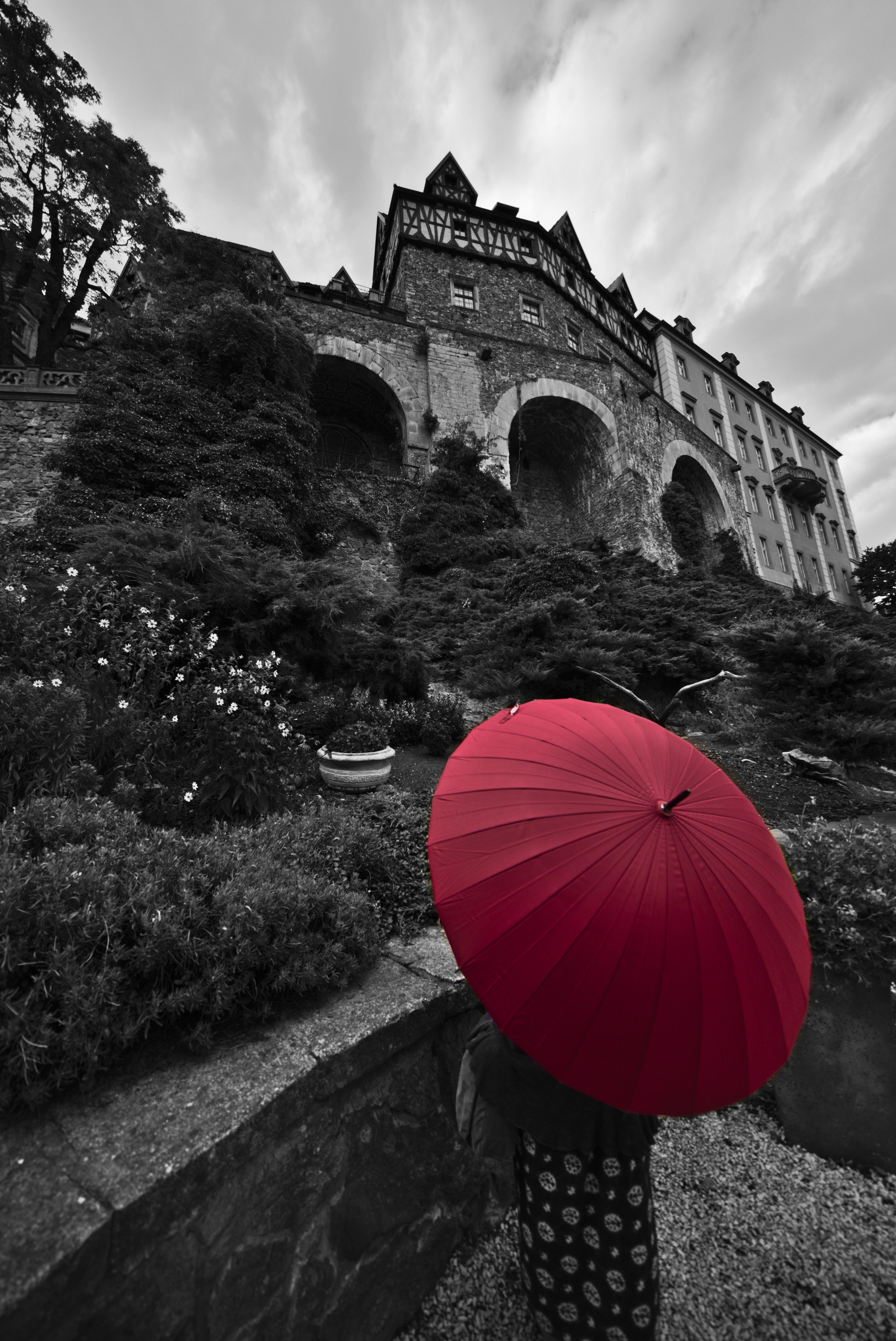 Human Umbrella Castle Alone Black-and-white