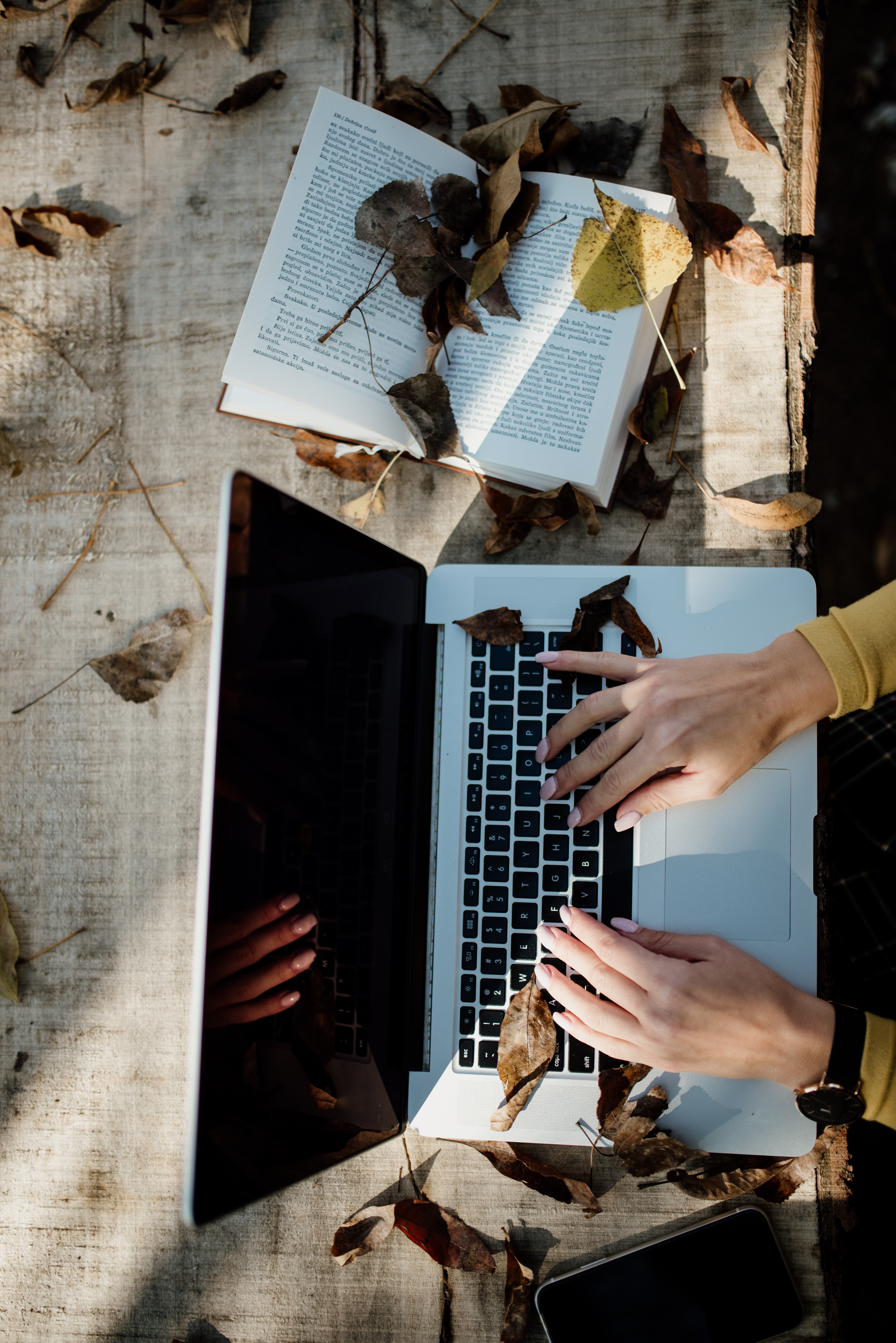 Laptop Hands Work Leaves Autumn Aesthetics