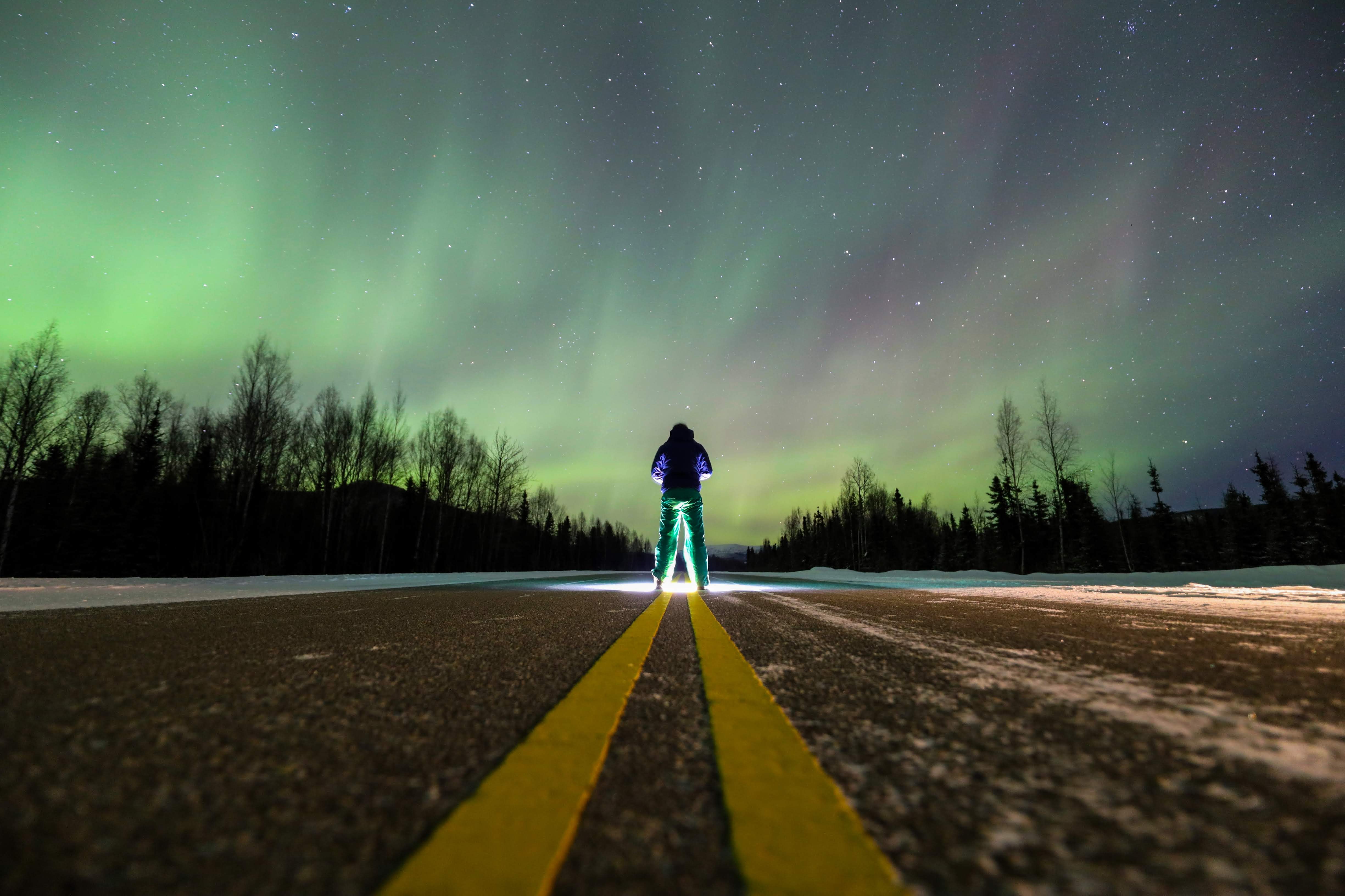 Man Alone Backlight Road Northern-lights