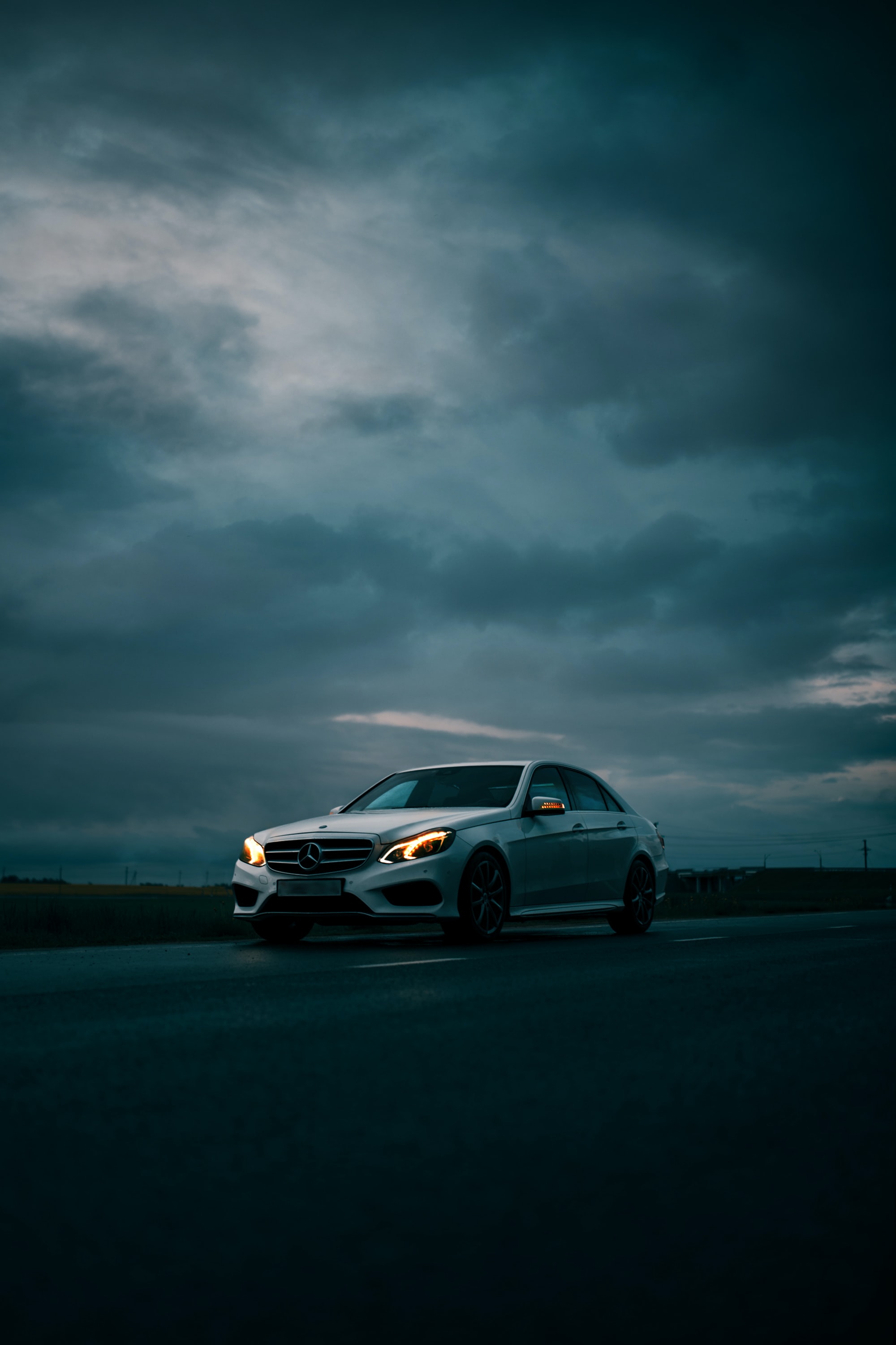 Mercedes Car White Road Dusk