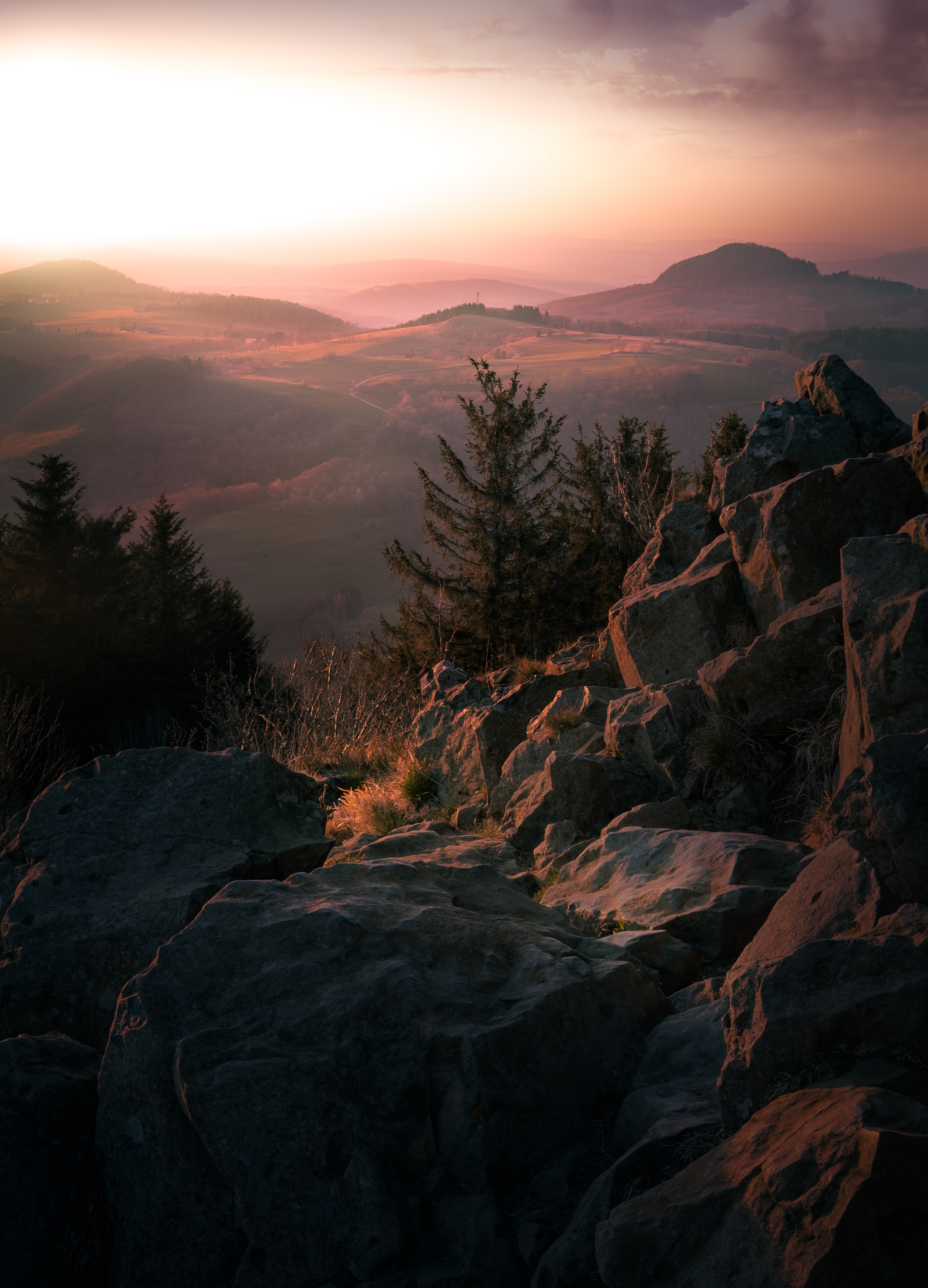 Mountains Rocks Sunset Fog Landscape