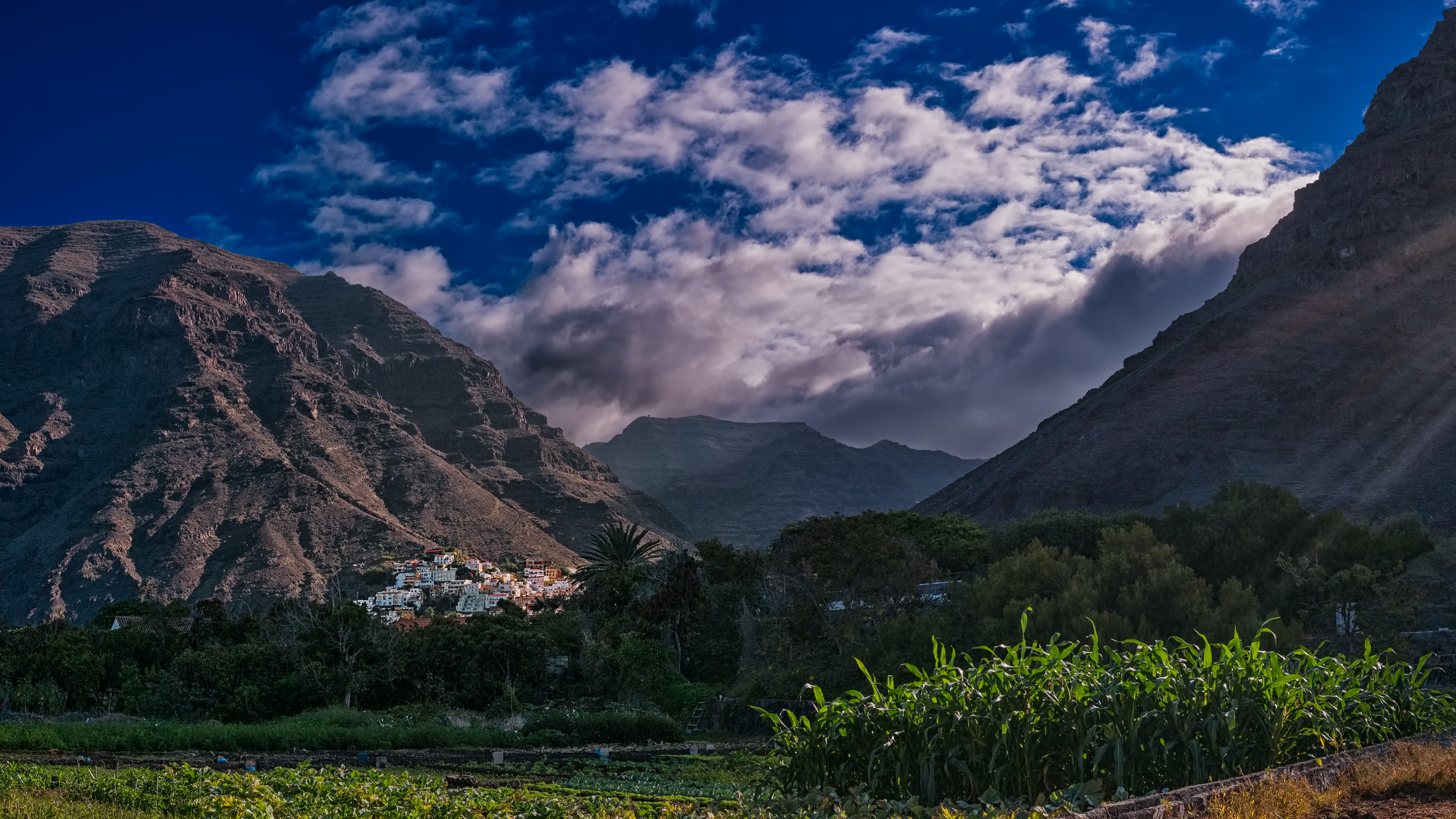 Mountains Trees Houses Landscape Nature